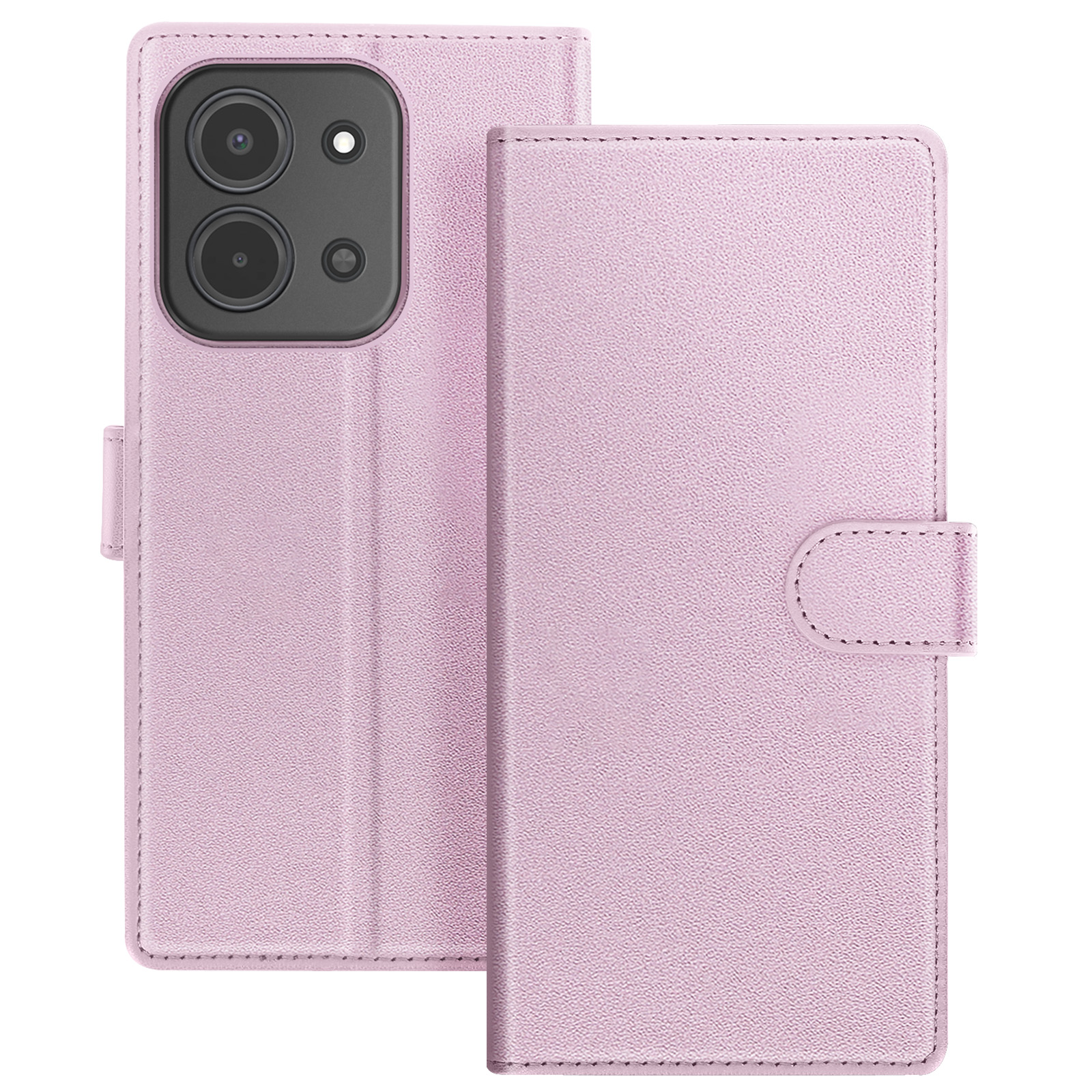 Un étui de téléphone rose avec une découpe pour l'appareil photo, ouvert. L'étui a une fermeture magnétique. La texture est semblable au cuir.