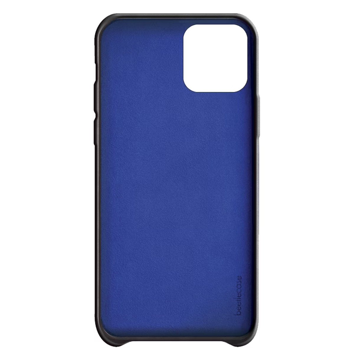 Una custodia blu per telefono con cornice nera. Ha un ritaglio per la fotocamera e il marchio 'beetlecase' è visibile.