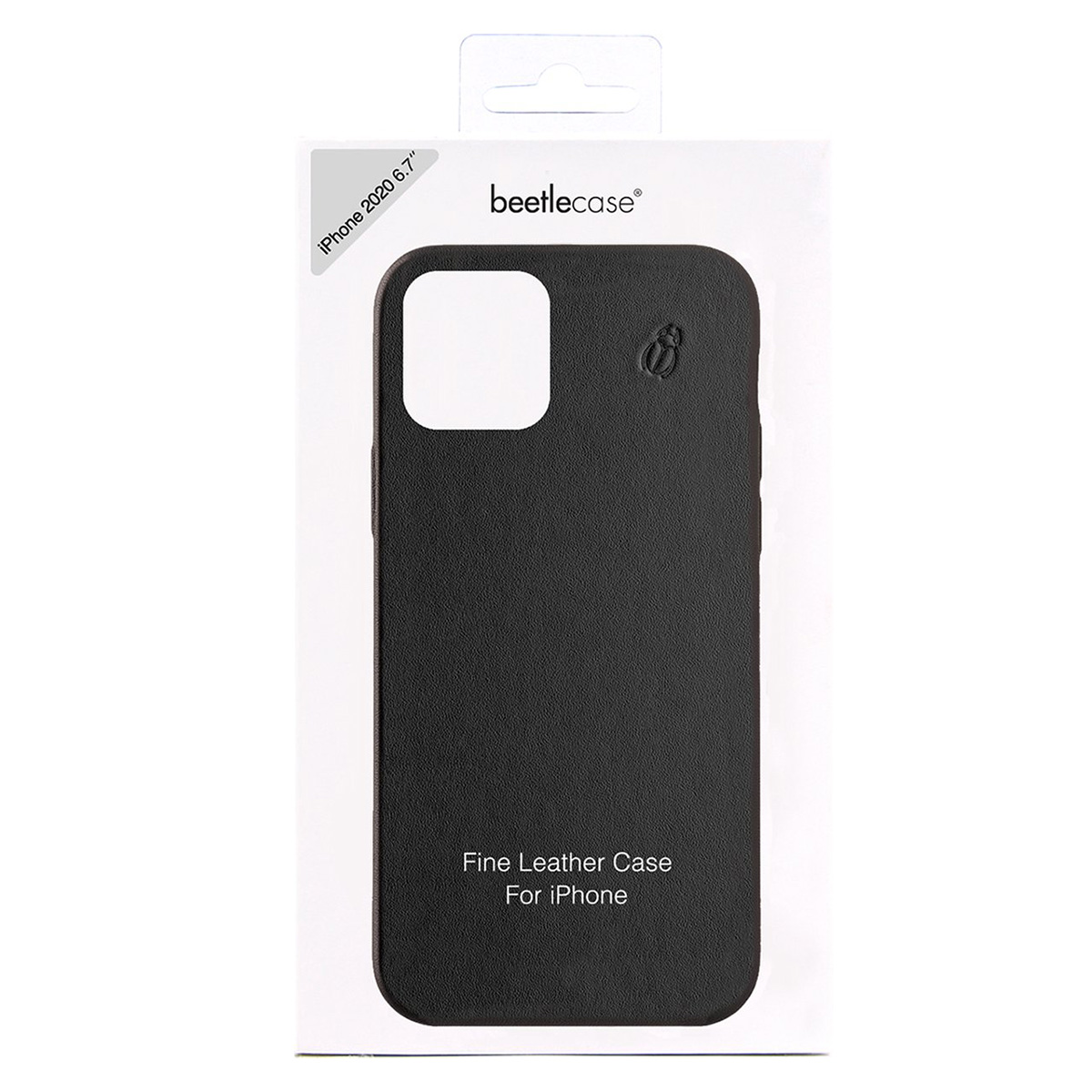 Custodia per iPhone in pelle nera in scatola bianca. Logo Beetlecase. Testo: Custodia in pelle pregiata per iPhone. iPhone 2020 6.7".