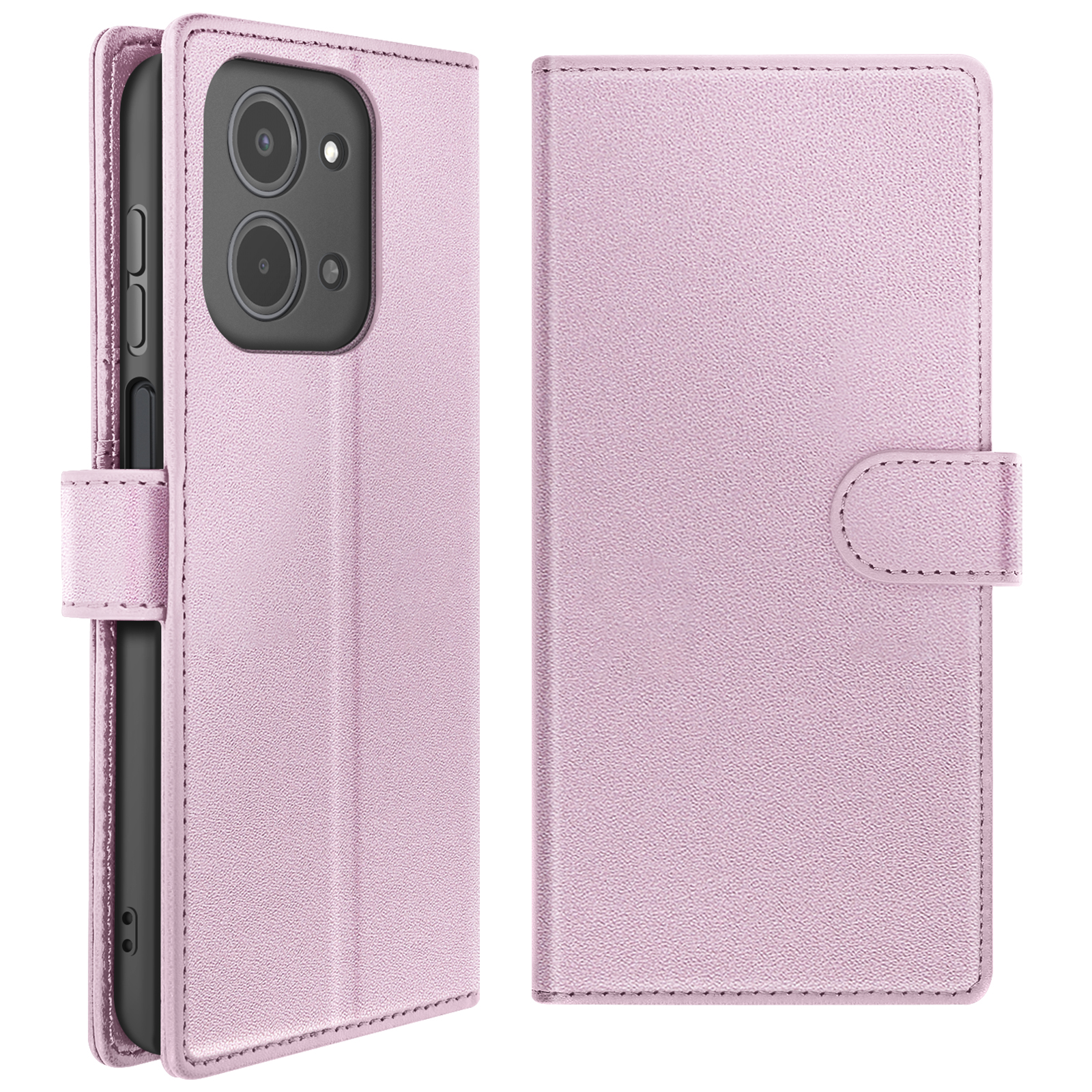 Étui de téléphone rose, ouvert. Montre le téléphone à l'intérieur et le couvercle fermé. Fond blanc.