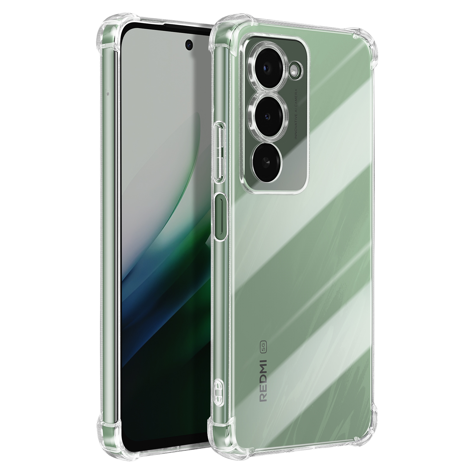 Uno smartphone in una custodia trasparente. Il telefono è verde e ha una fotocamera. La custodia ha angoli protettivi.