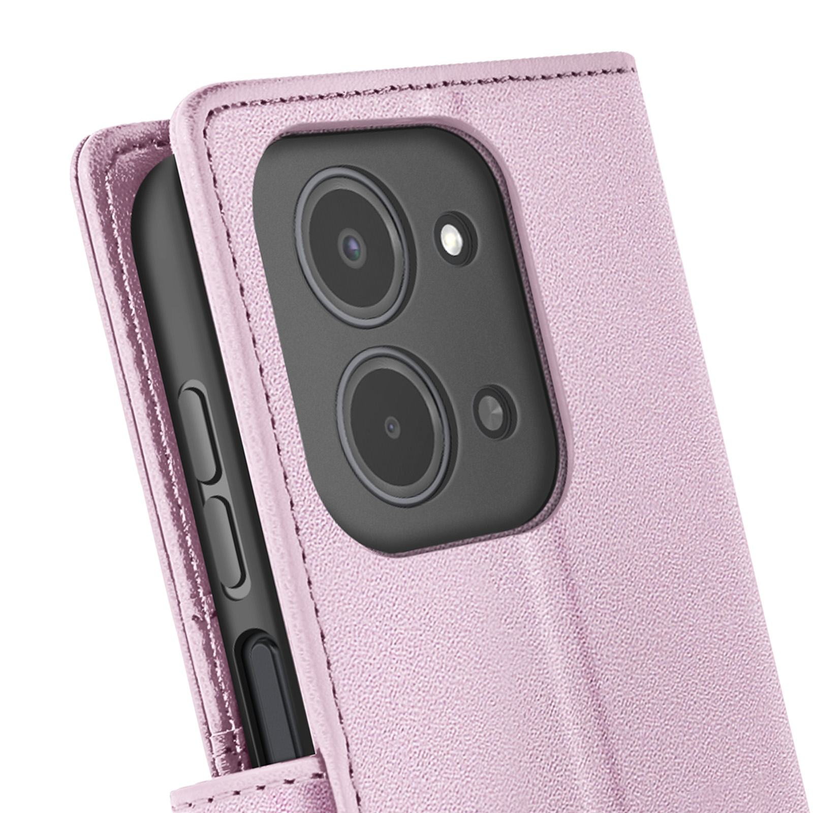 Gros plan d'un étui de téléphone rose avec un téléphone noir à l'intérieur. L'étui a deux découpes pour la caméra.