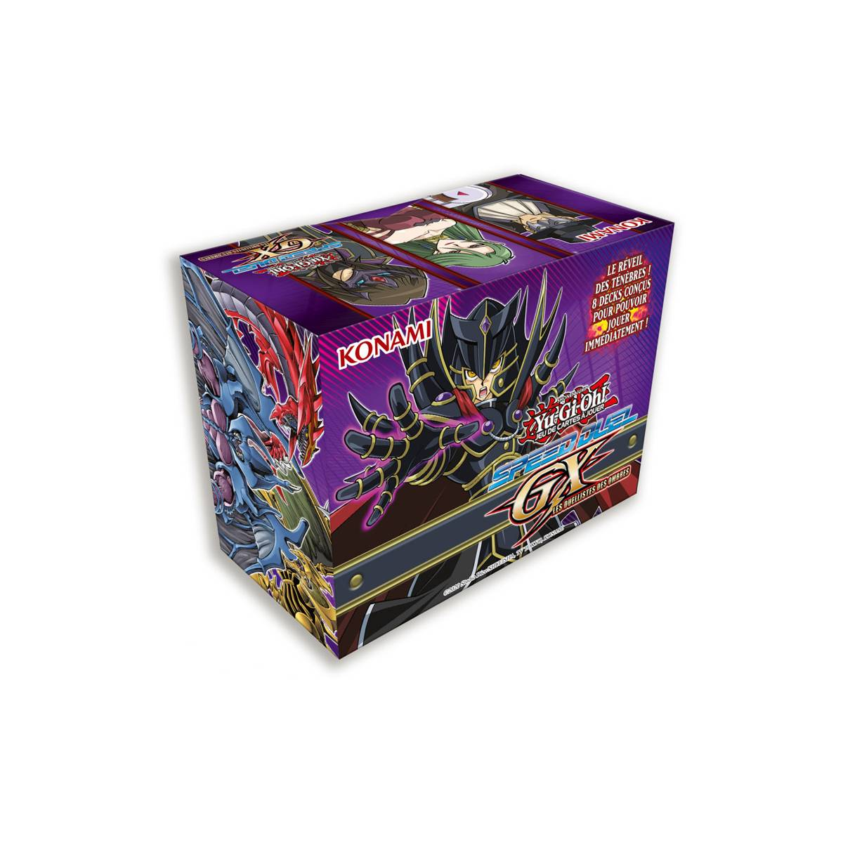 Una scatola del gioco di carte Yu-Gi-Oh! GX. Ha colori viola e neri, con illustrazioni di mostri. Il logo Konami è visibile.