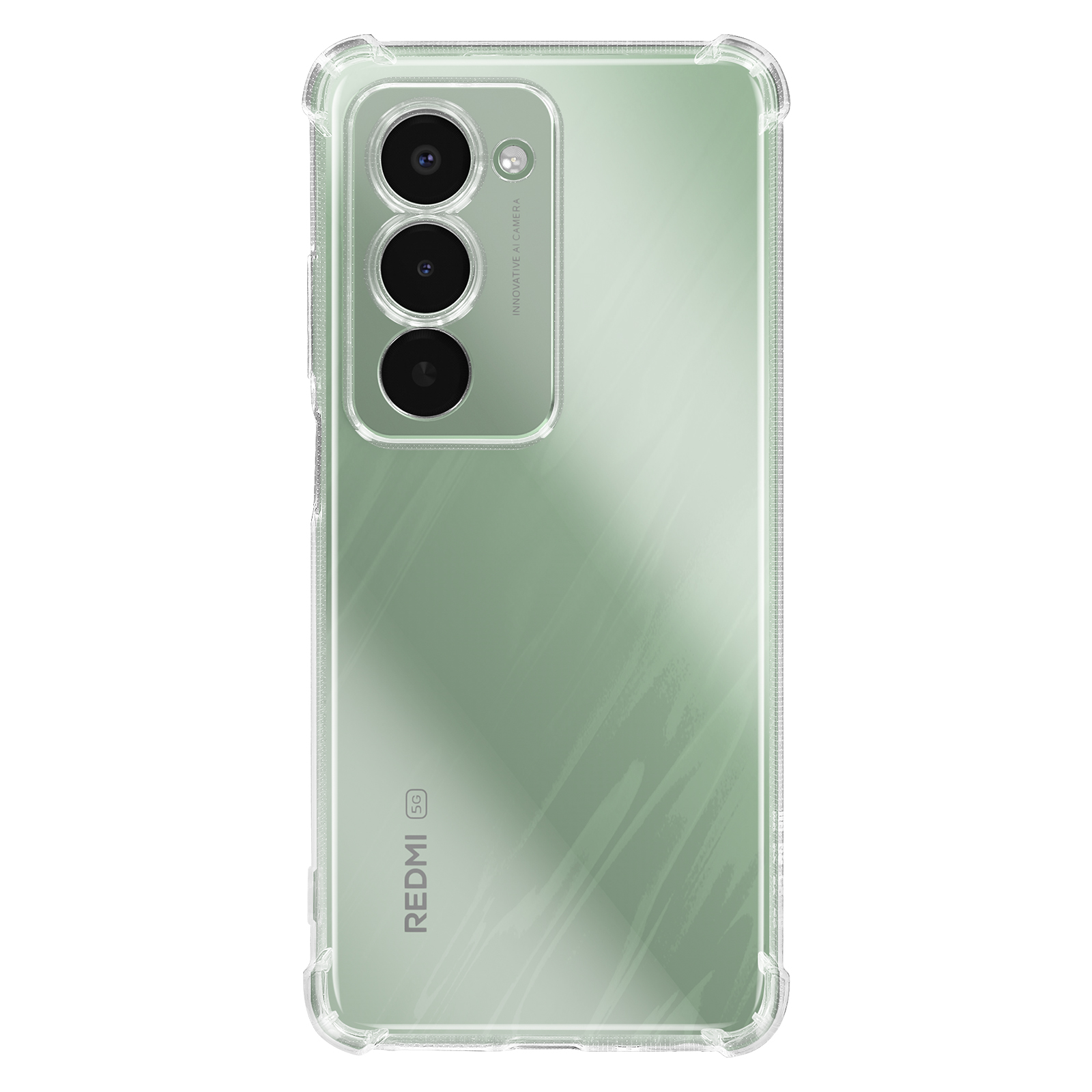 Un telefono verde menta in una custodia trasparente. Ha tre obiettivi e il marchio REDMI.