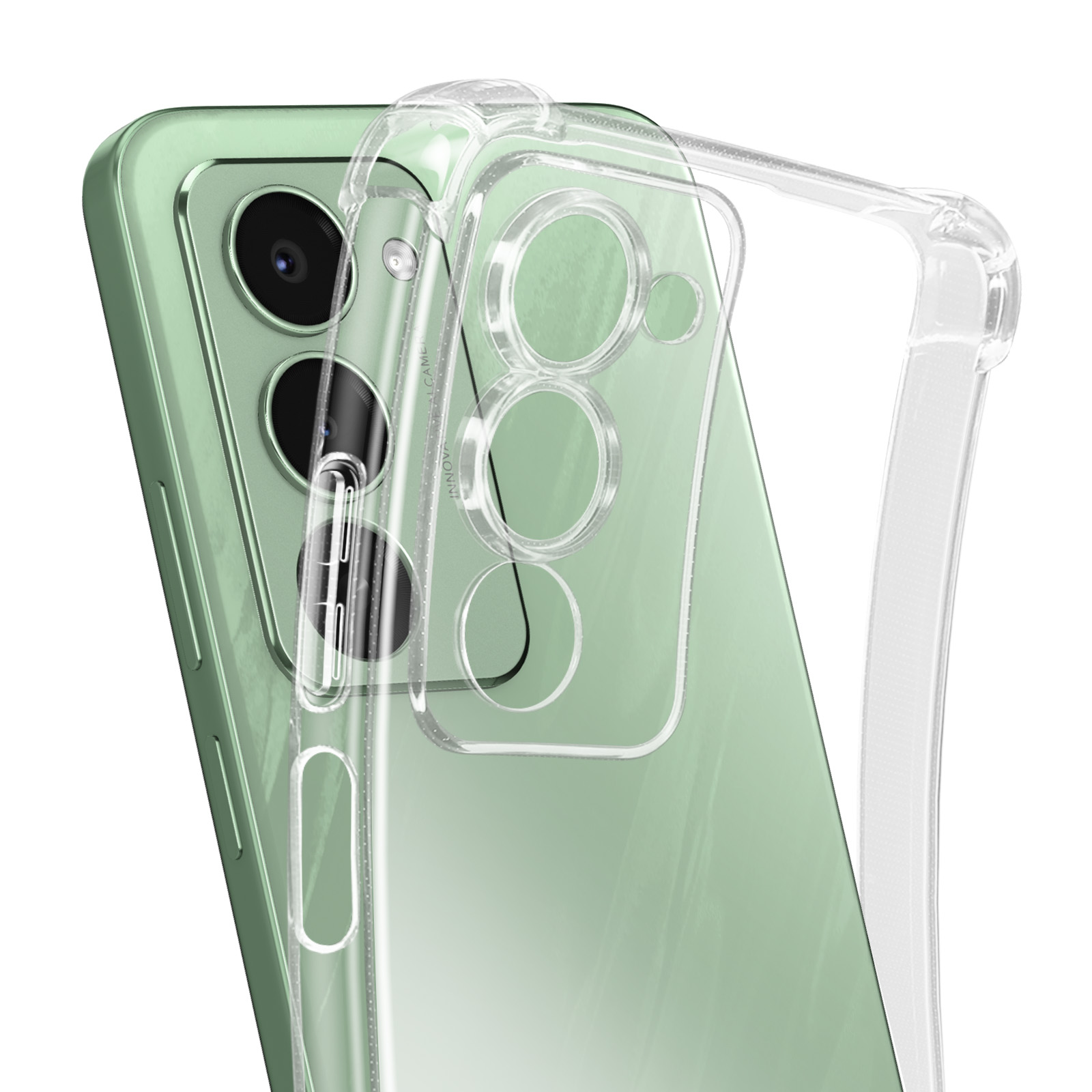 Un telefono verde menta è racchiuso in una custodia trasparente. La custodia ha delle aperture per gli obiettivi della fotocamera.