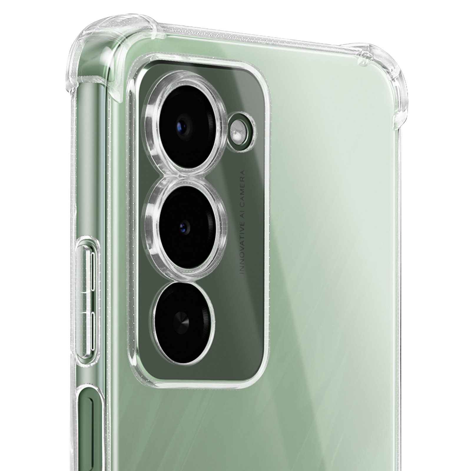 Primo piano di un telefono con retro verde e custodia protettiva trasparente. Sono visibili tre obiettivi.