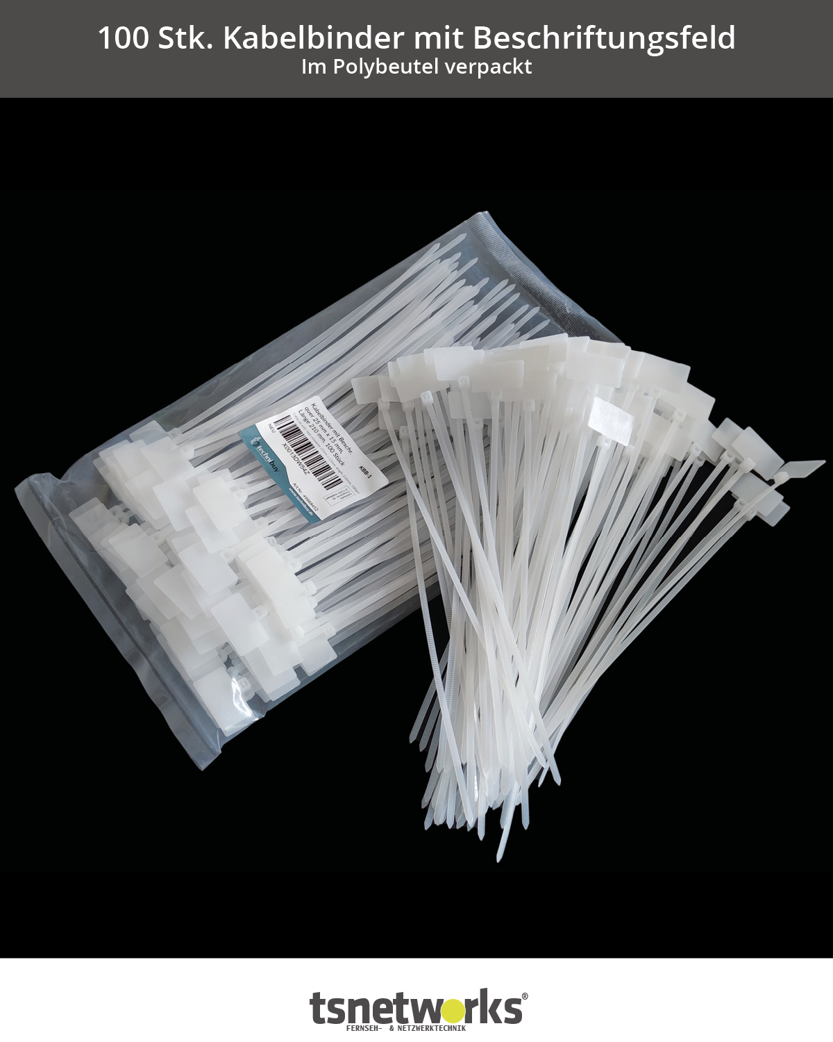 Weiße Kabelbinder mit Beschriftungsfeldern, einige in einer transparenten Plastiktüte, auf schwarzem Hintergrund. Deutscher Text sichtbar.