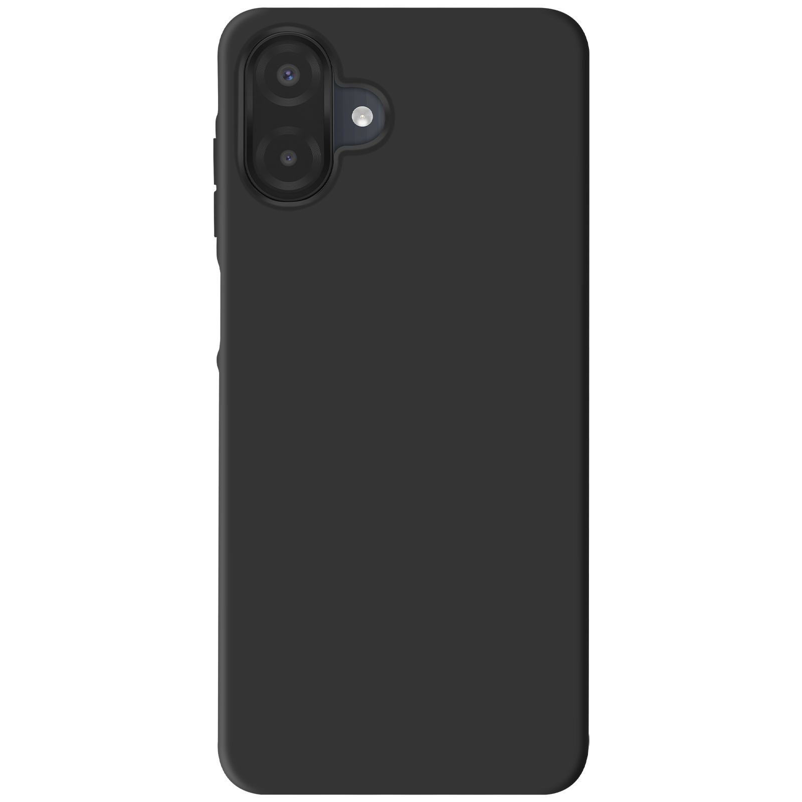 Una custodia nera per telefono con due lenti della fotocamera e flash. La custodia è liscia e copre il retro.