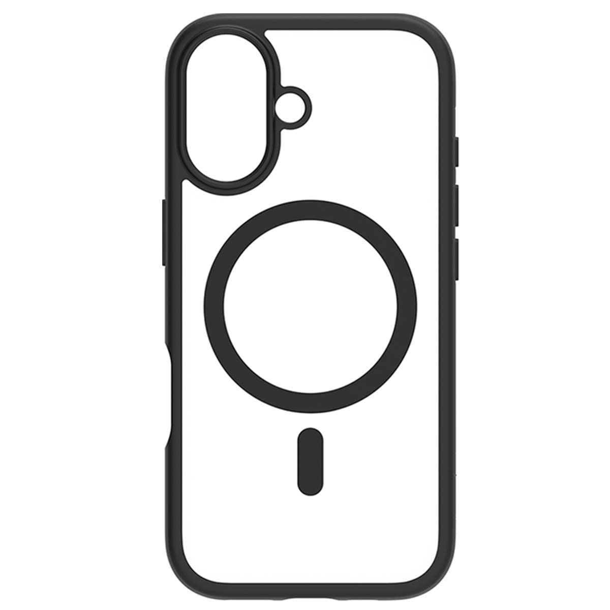 Una custodia trasparente per telefono con cornice nera. Ha un cerchio, un cerchio più piccolo e una barra verticale. Lo sfondo è bianco.