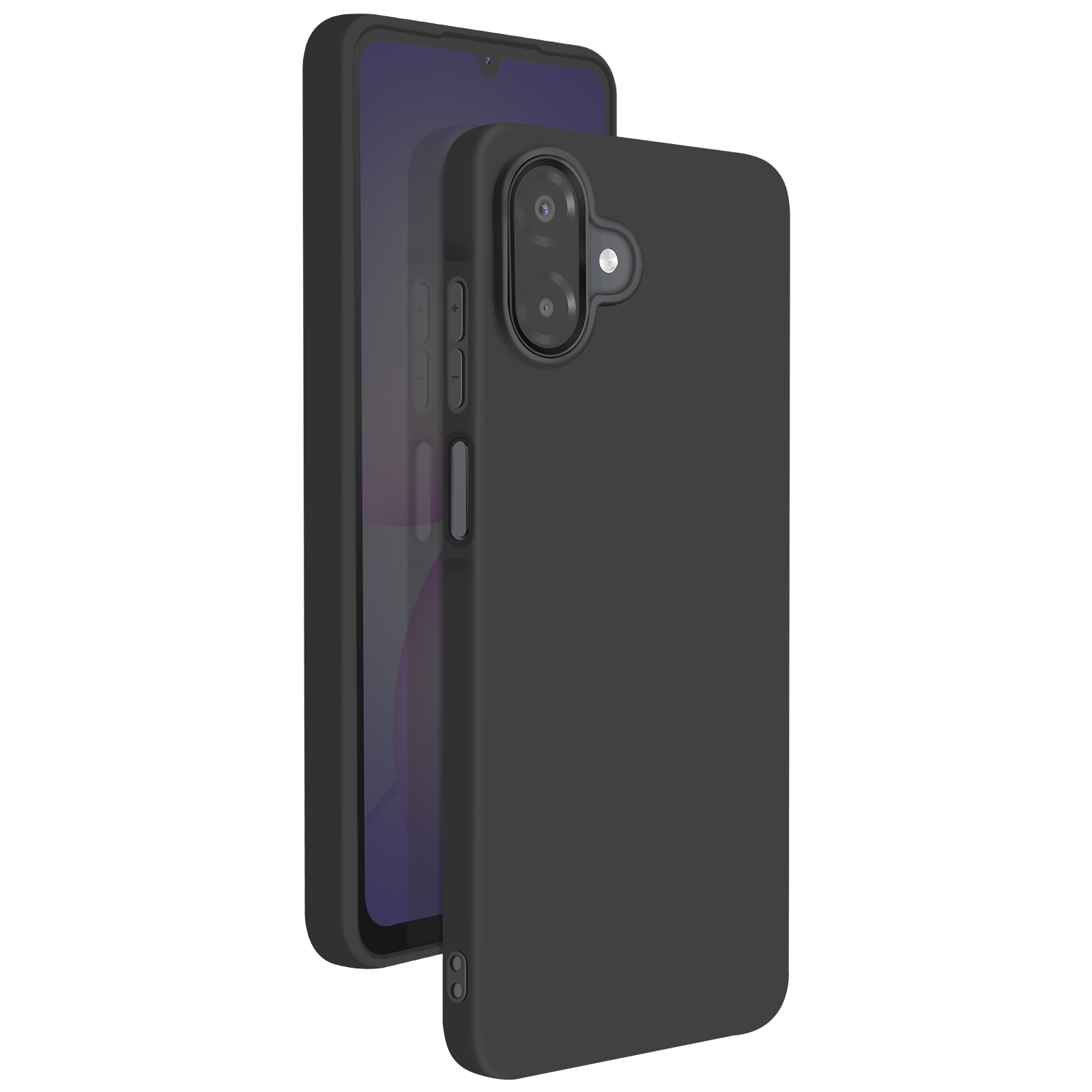 Vengono visualizzati due telefoni neri con custodie. Uno è di fronte all'altro, mostrando il design del telefono e della custodia.
