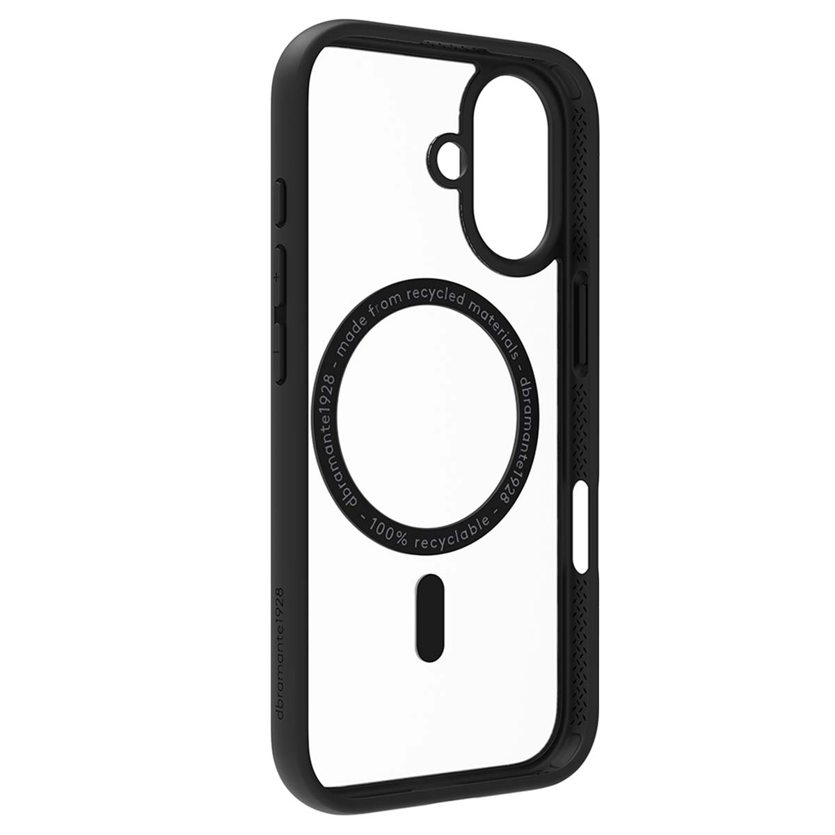 Custodia trasparente per telefono con cornice nera. Ha un design circolare al centro con il testo 'made from recycled materials'.