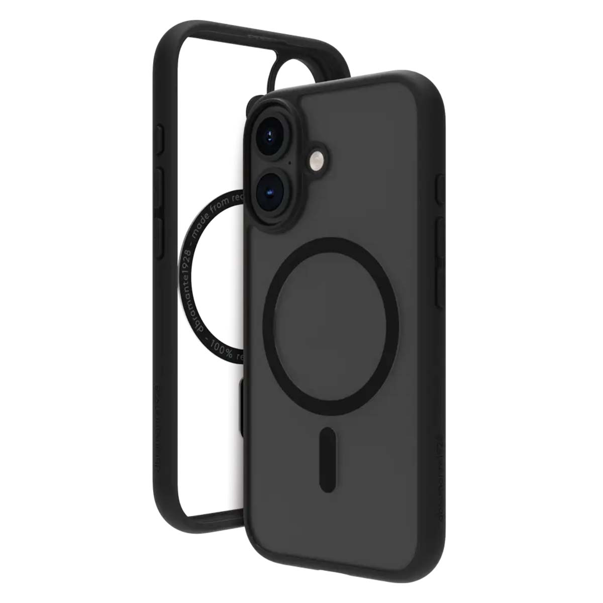 È mostrata una custodia nera per telefono con una cornice trasparente. La custodia ha un anello MagSafe circolare e una linea verticale.