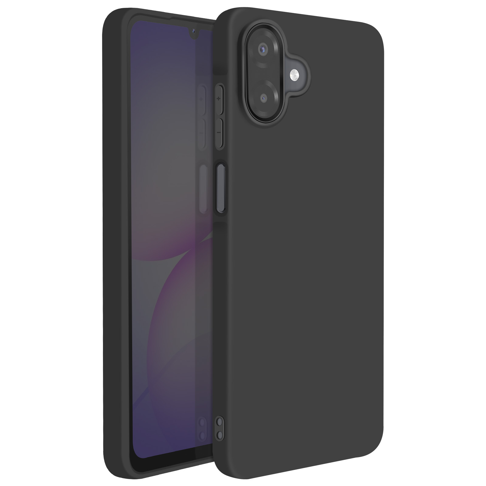 Un telefono nero in una custodia nera, leggermente aperto. Lo schermo mostra una sfumatura viola. Fotocamera e pulsanti visibili.
