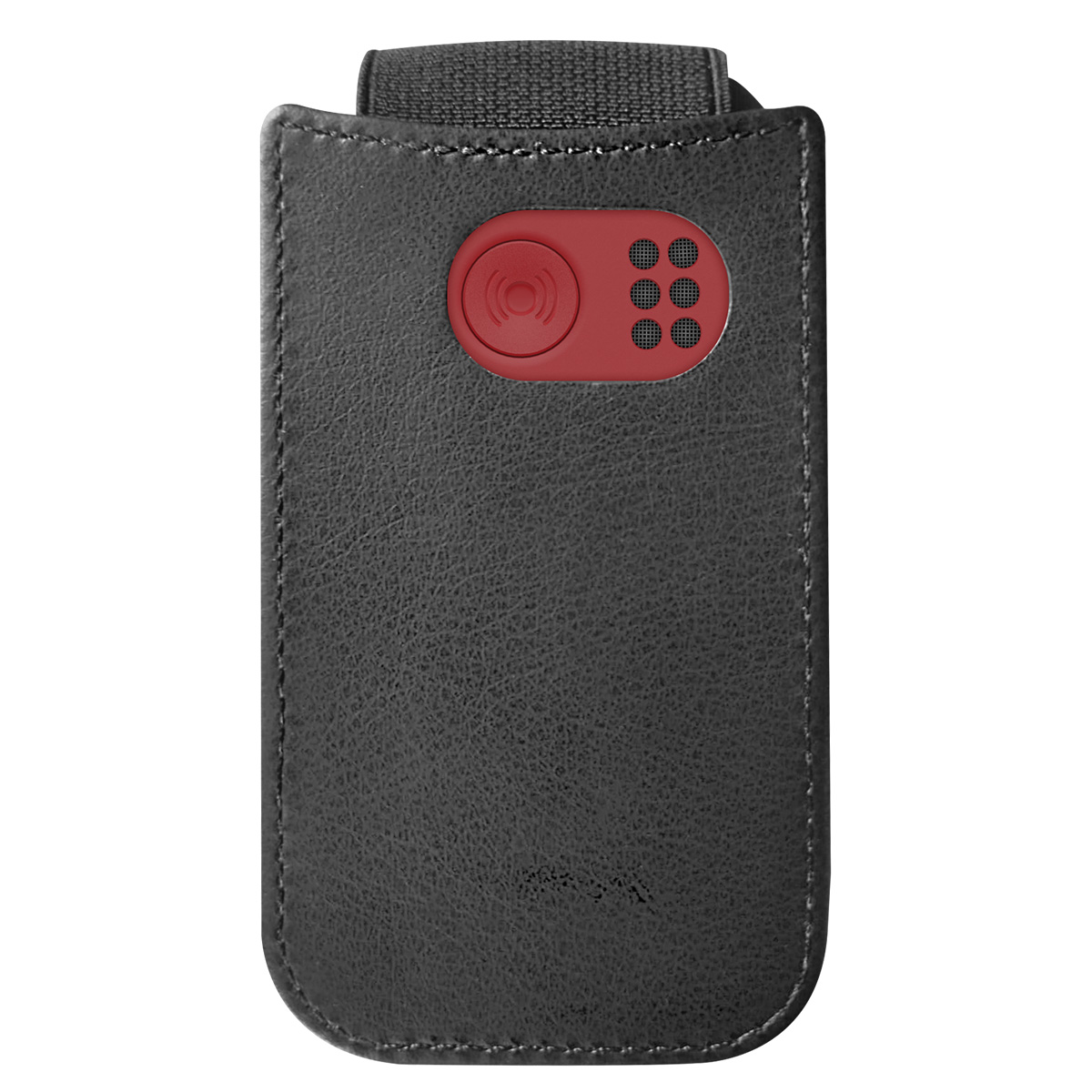 Una custodia per telefono in pelle nera con un pannello di pulsanti rosso. Il pannello ha un simbolo circolare e sei piccoli fori quadrati.