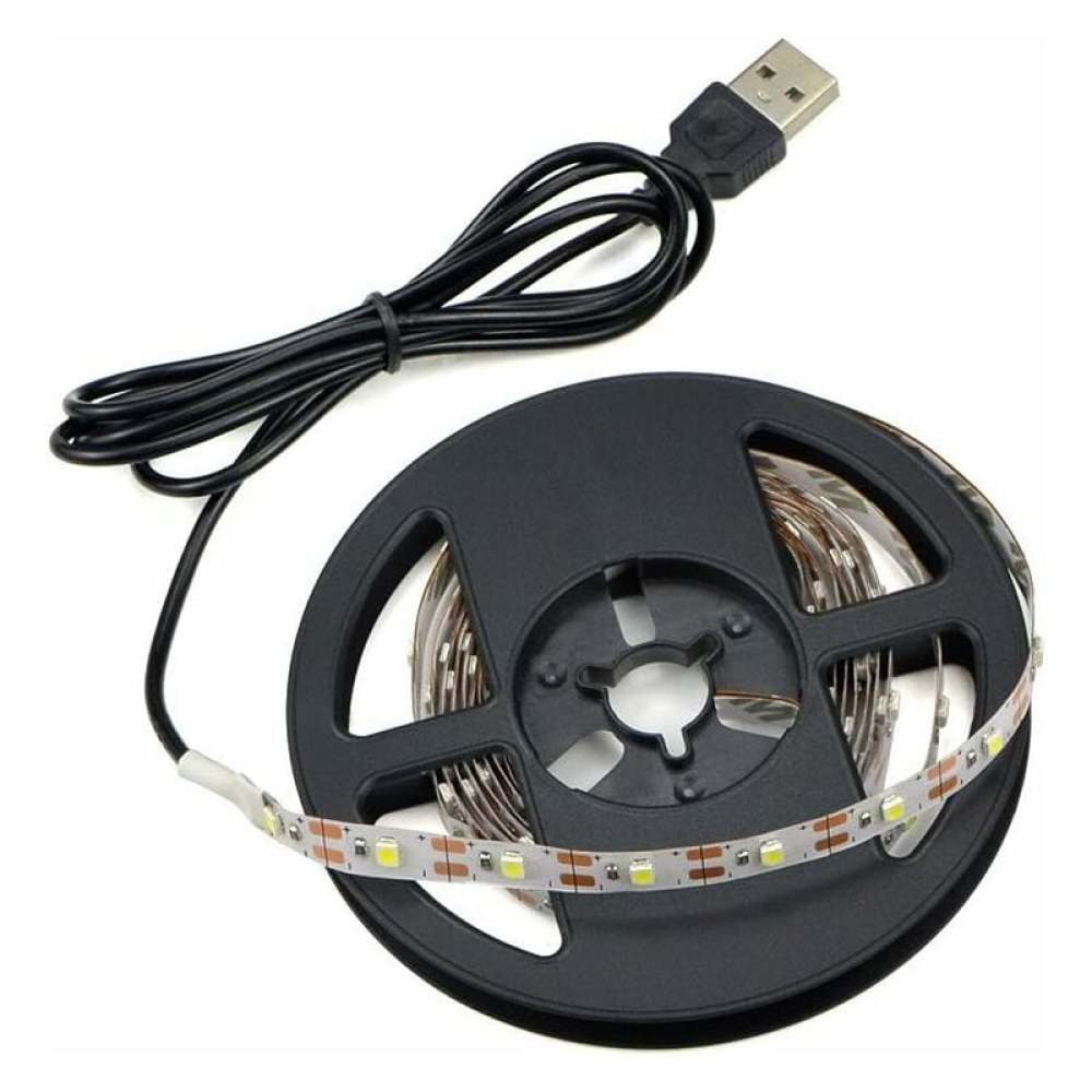 Schwarzer LED-Streifen auf einer schwarzen Rolle mit USB-Anschluss. Der Streifen hat weiße Lichter und ein schwarzes Kabel.