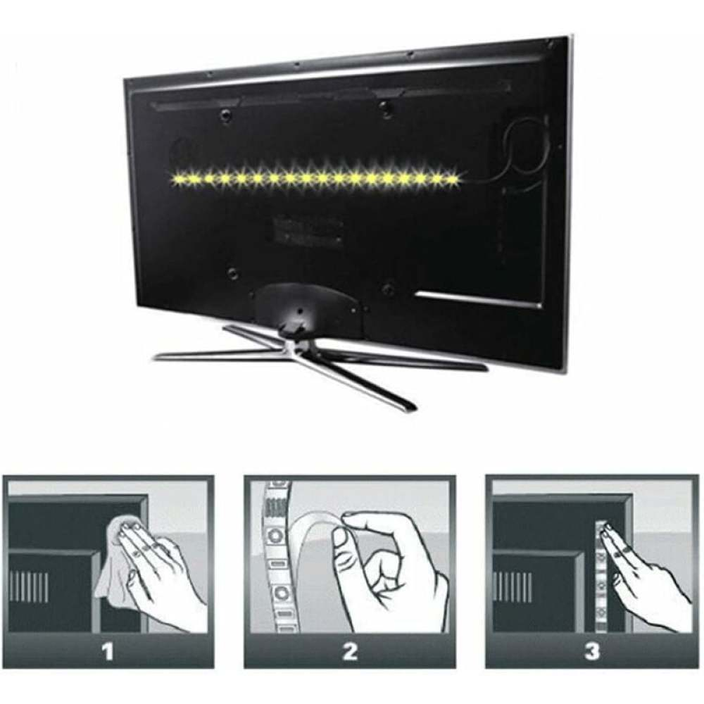 Ein Fernseher mit LED-Streifen-Installationsanleitung. Schritte zeigen Reinigung, Anbringen des Streifens und Ankleben am Fernseher.