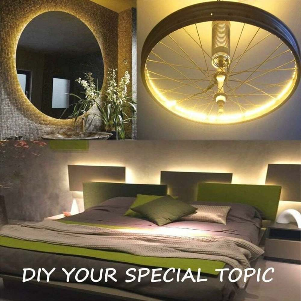 Ein Schlafzimmer mit Bett, Fahrradrad-Licht und rundem Spiegel mit Lichtern. Der Text 'DIY YOUR SPECIAL TOPIC' steht unten.