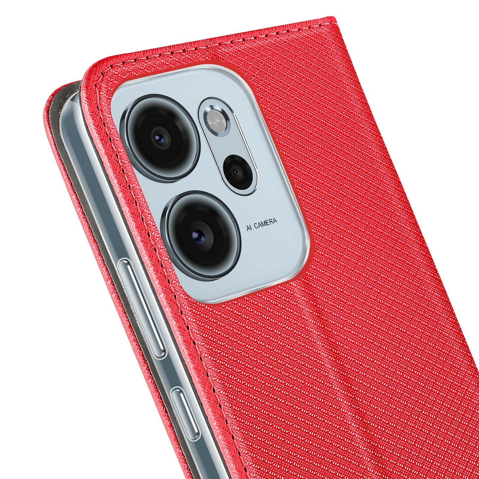 Una custodia rossa per telefono con modulo fotocamera. La custodia ha una superficie strutturata e avvolge un telefono.