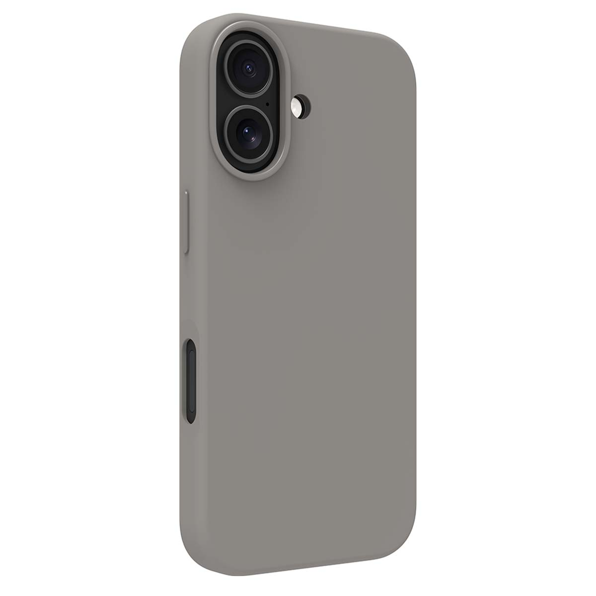 Una custodia grigia per telefono con un modulo fotocamera. Il modulo ha due lenti e un piccolo foro. La custodia è liscia e arrotondata.