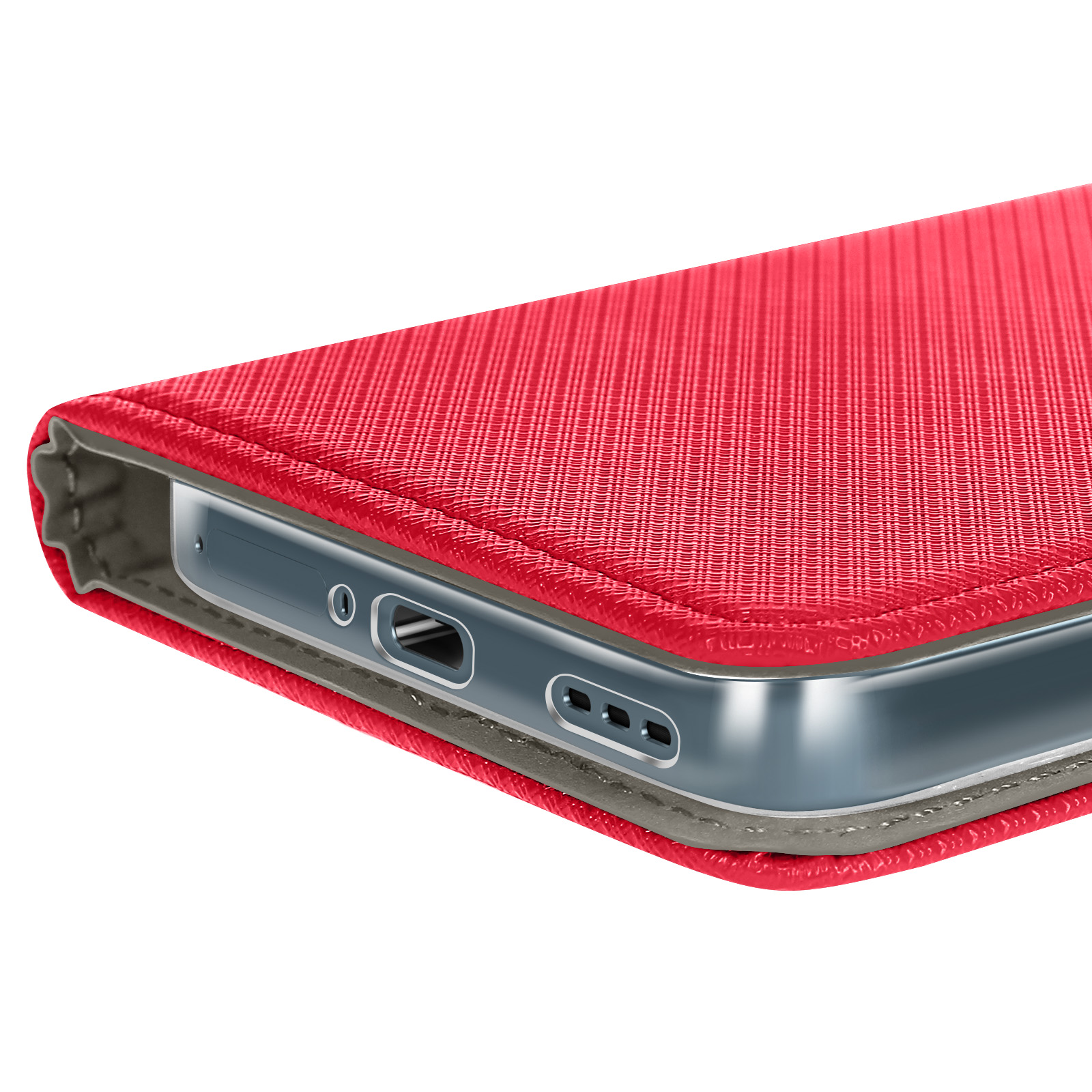 Custodia rossa per telefono, primo piano. Mostra le porte e i bordi del telefono. Bordo grigio, superficie strutturata.