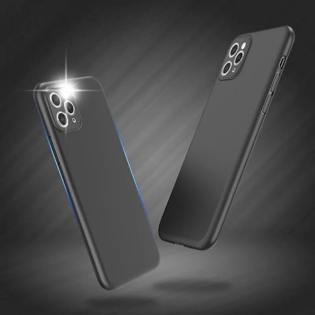 Zwei schwarze Smartphones schweben vor einem dunkelgrauen Hintergrund. Eines hat einen Lichteffekt. Beide zeigen die Kamera.