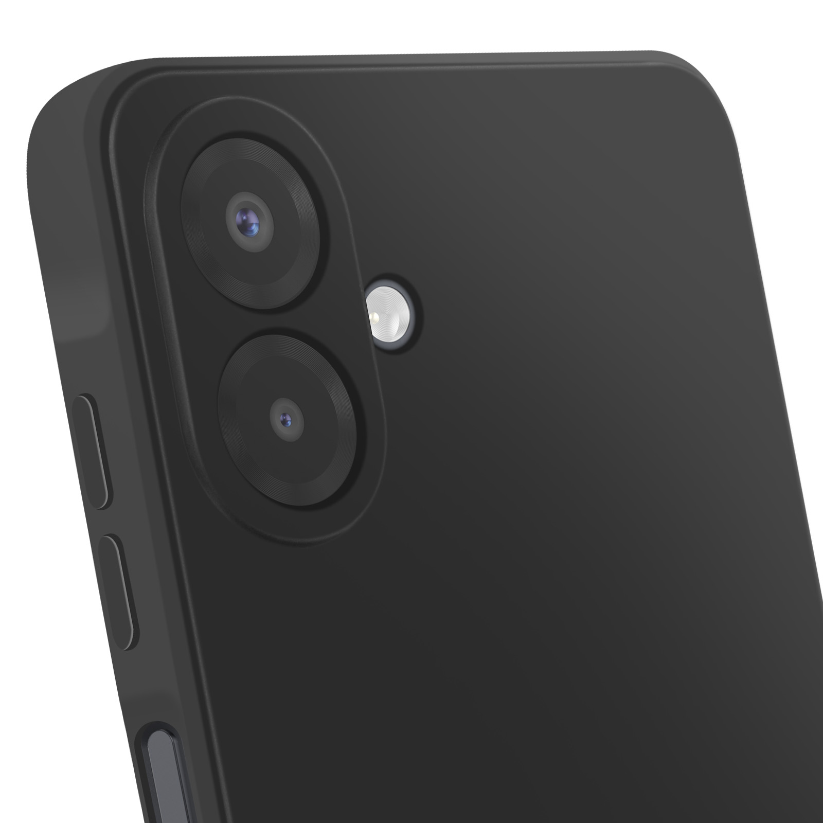 Primo piano di uno smartphone nero. Due obiettivi della fotocamera e un flash visibili. Il lato ha i pulsanti del volume.