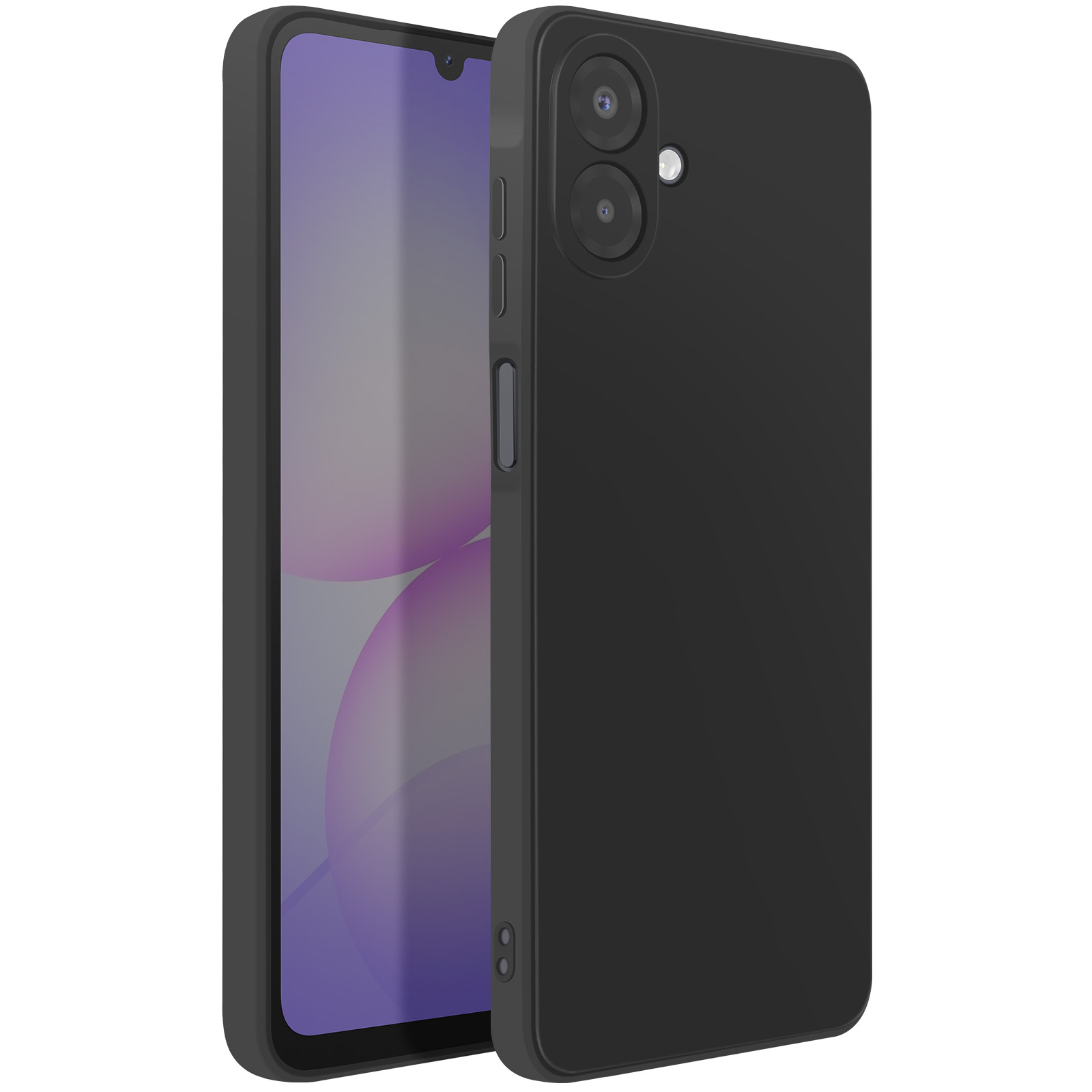 Uno smartphone nero in una custodia nera è in mostra. Lo schermo mostra un design astratto viola e bianco.