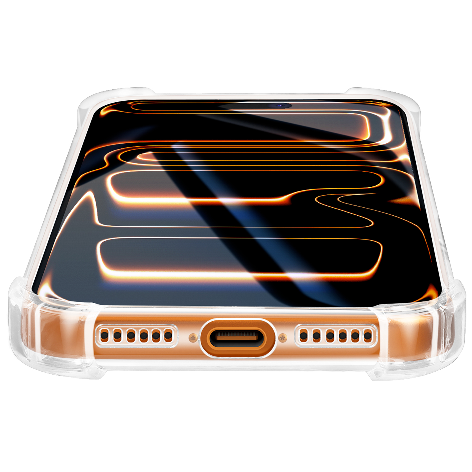 Un telefono in una custodia trasparente. Lo schermo mostra linee luminose arancioni su sfondo scuro. La custodia ha un fondo marrone.