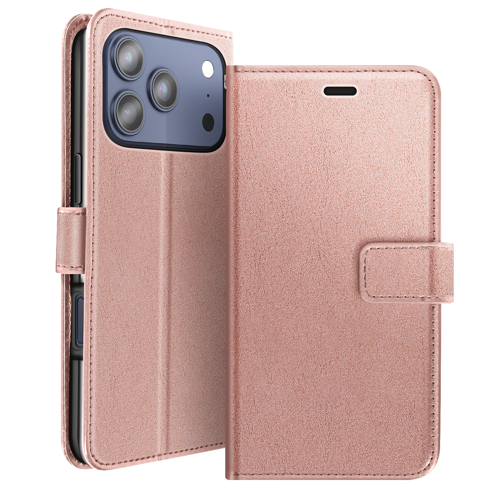 Una custodia per telefono color rosa con un design a portafoglio aperto. Presenta un telefono con tre lenti della fotocamera. Lo sfondo è bianco.