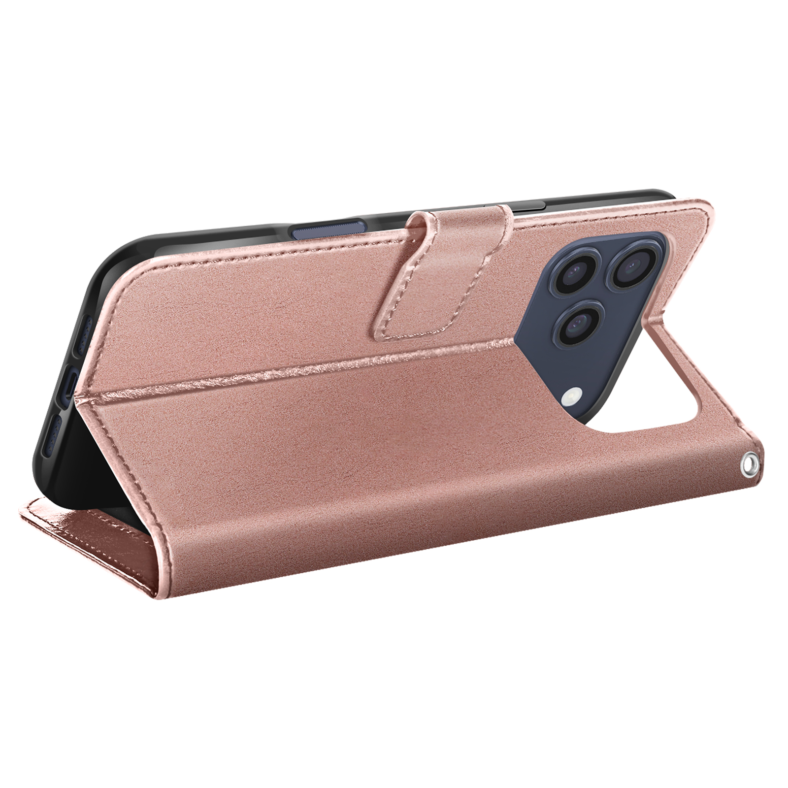 Custodia per telefono color oro rosa con un telefono all'interno. La custodia è aperta, mostrando le lenti della fotocamera e lo schermo del telefono.
