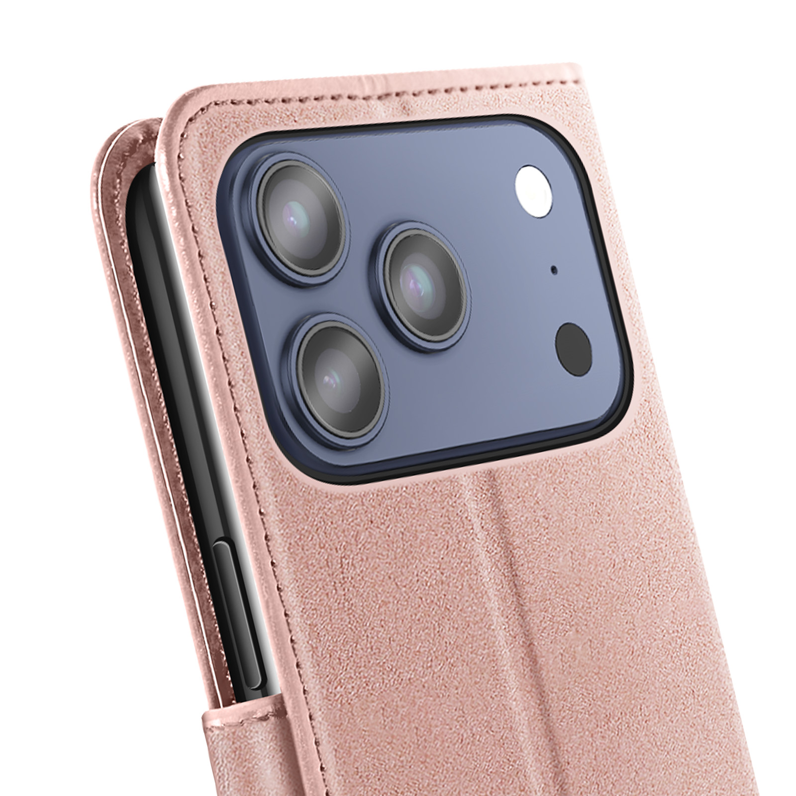 Primo piano di una custodia rosa con tre obiettivi, un flash e un punto nero sulla fotocamera.