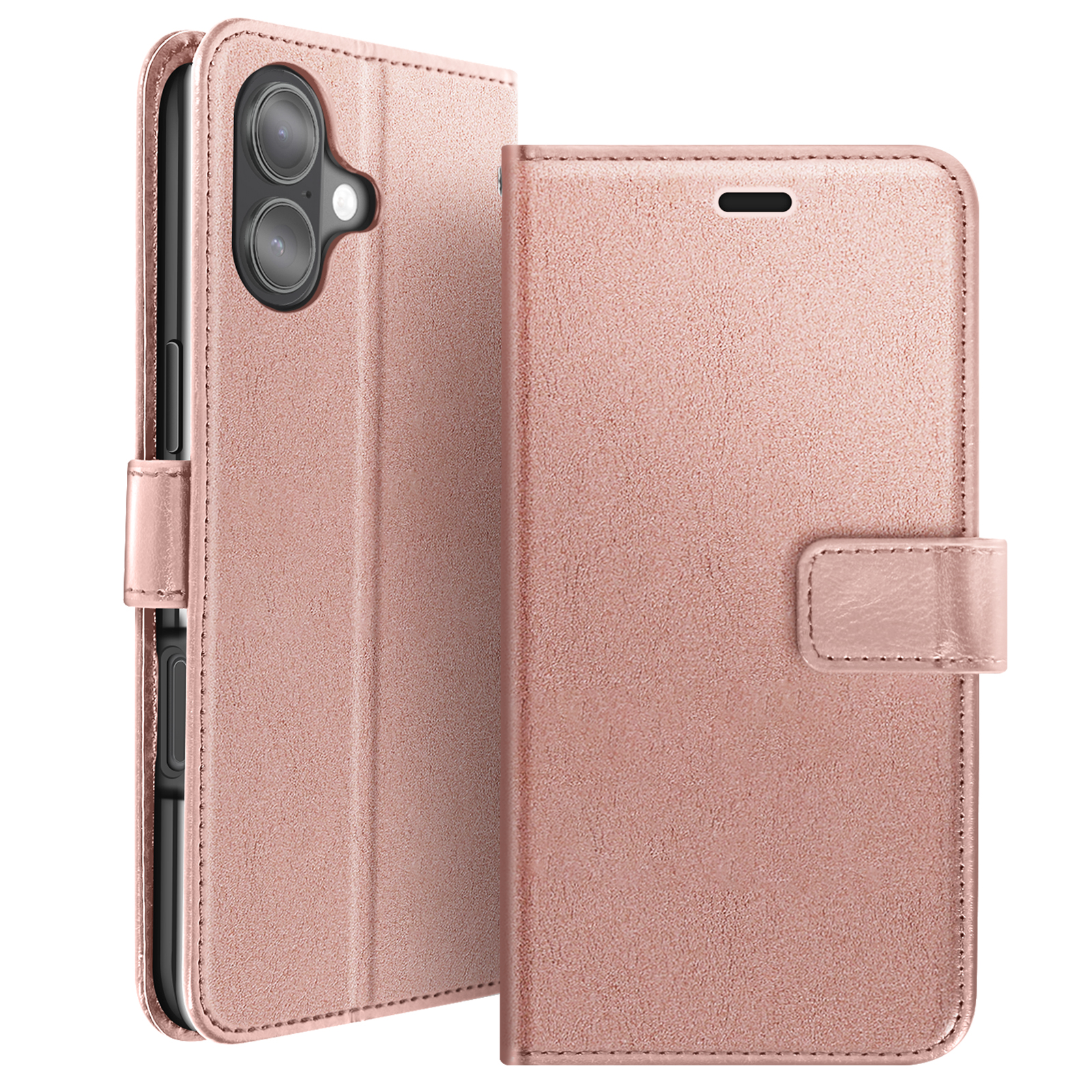 Una custodia per telefono color oro rosa è aperta, mostrando il telefono e l'interno. La custodia ha una chiusura magnetica.