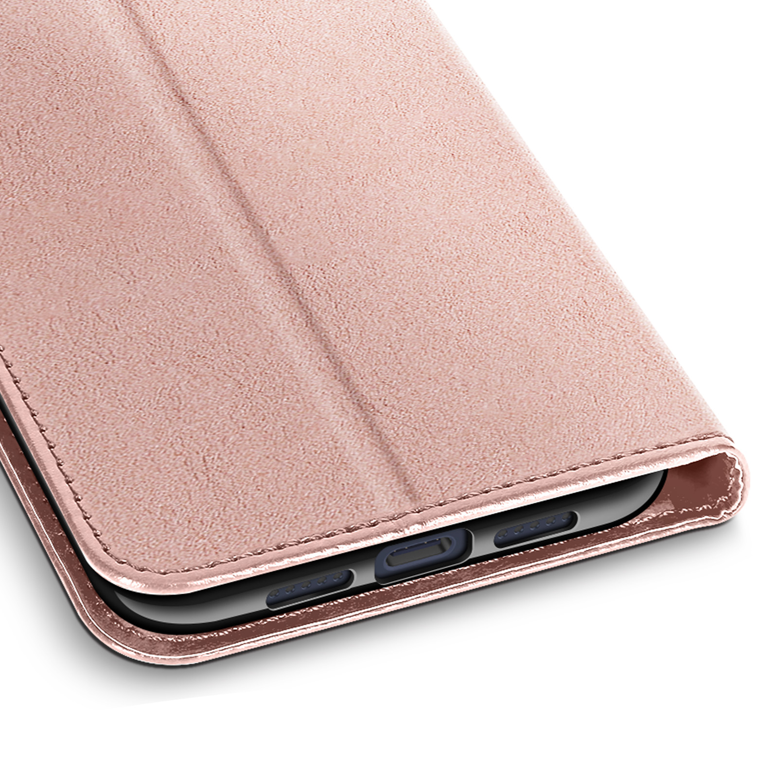 Una custodia per telefono oro rosa è aperta, mostrando il bordo del telefono. La custodia ha una superficie strutturata.