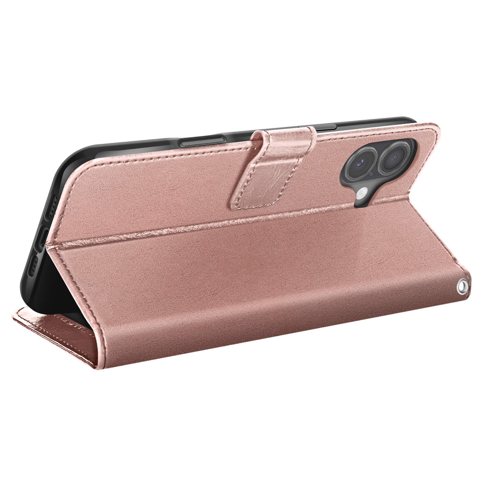 Una custodia per telefono oro rosa in stile folio è aperta. Il telefono è visibile all'interno. La custodia ha una chiusura magnetica.