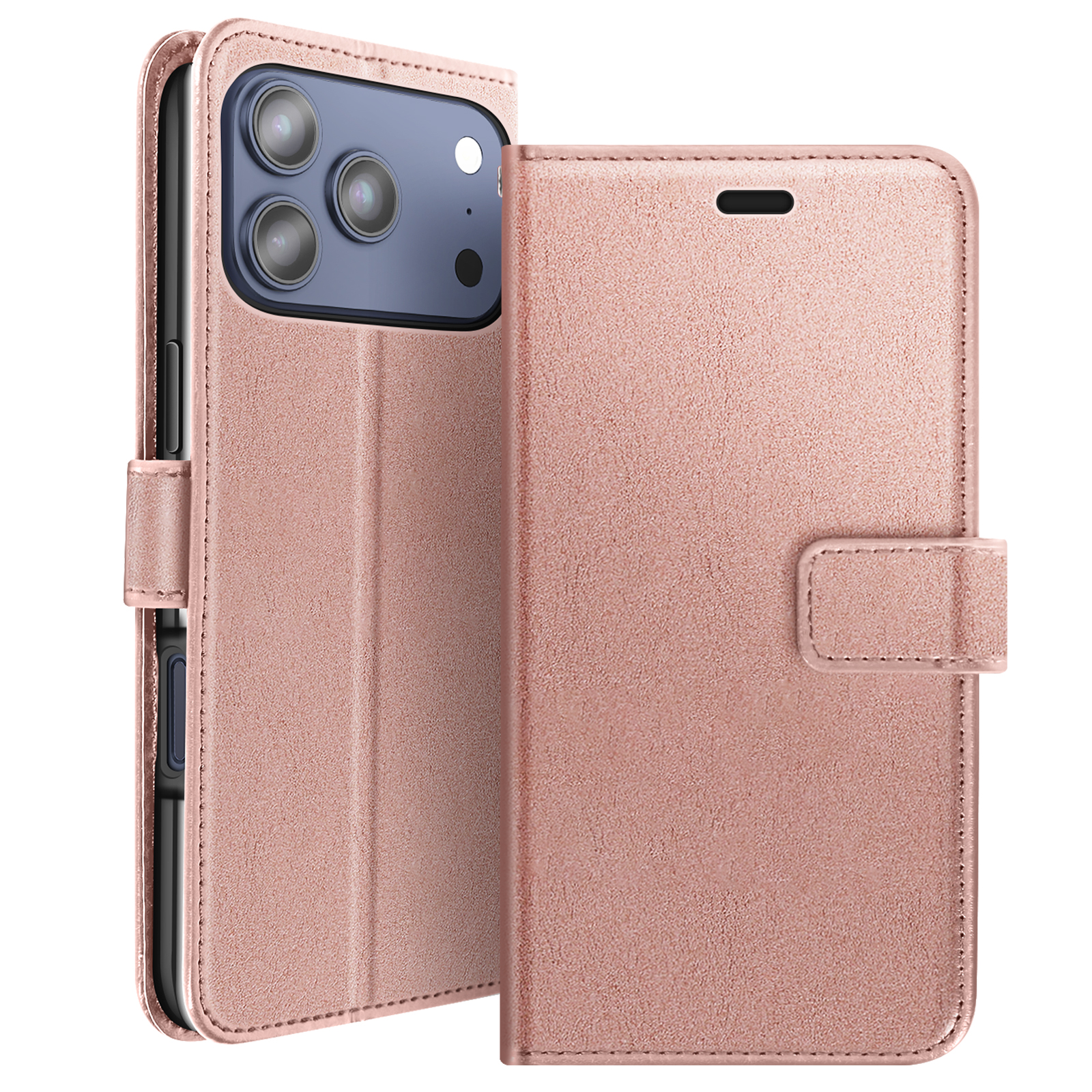 Custodia rosa per telefono con iPhone. La custodia è aperta, mostrando le lenti della fotocamera e un fermaglio.