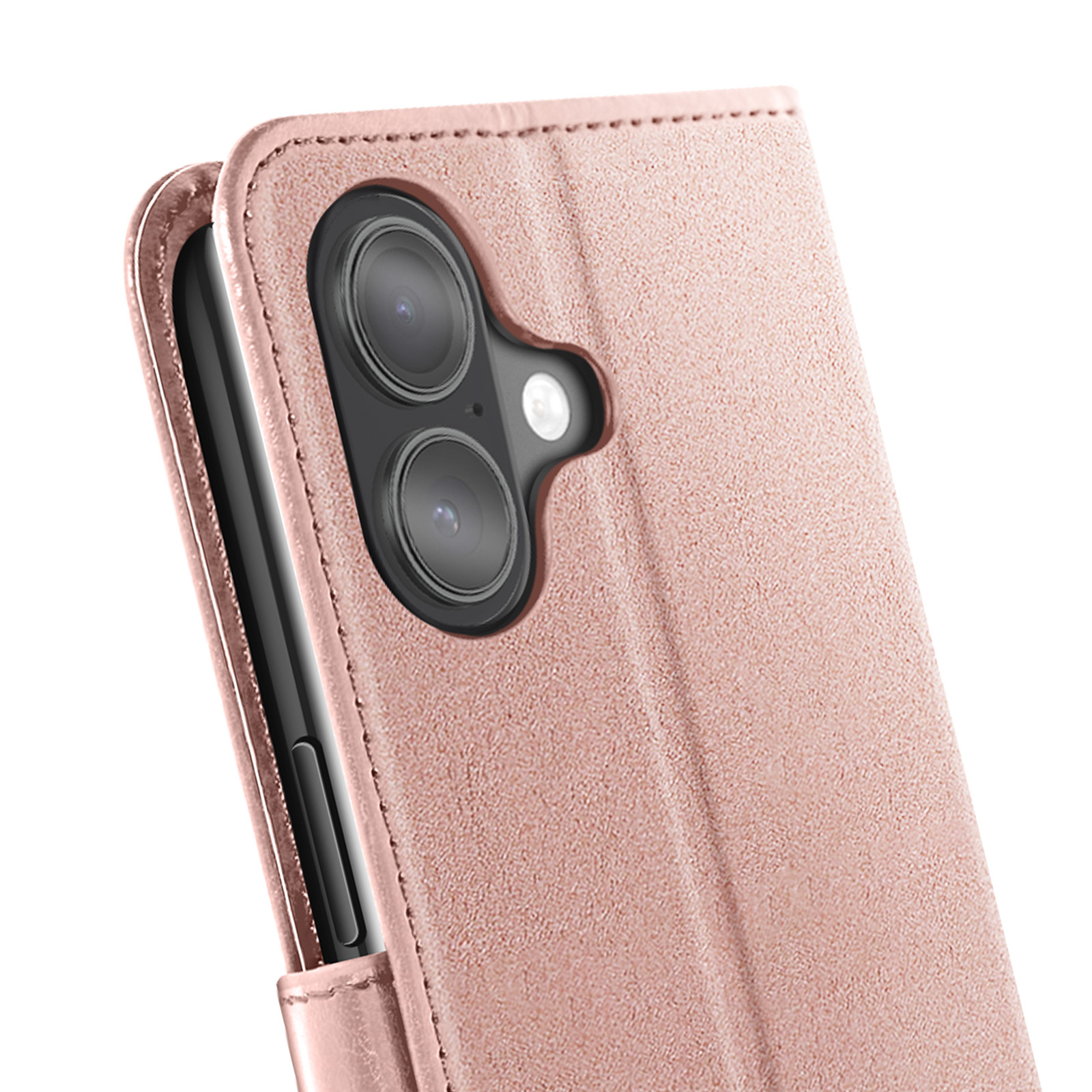Primo piano di una custodia rosa per telefono con un telefono all'interno. La custodia ha una superficie strutturata e ritagli per la fotocamera.