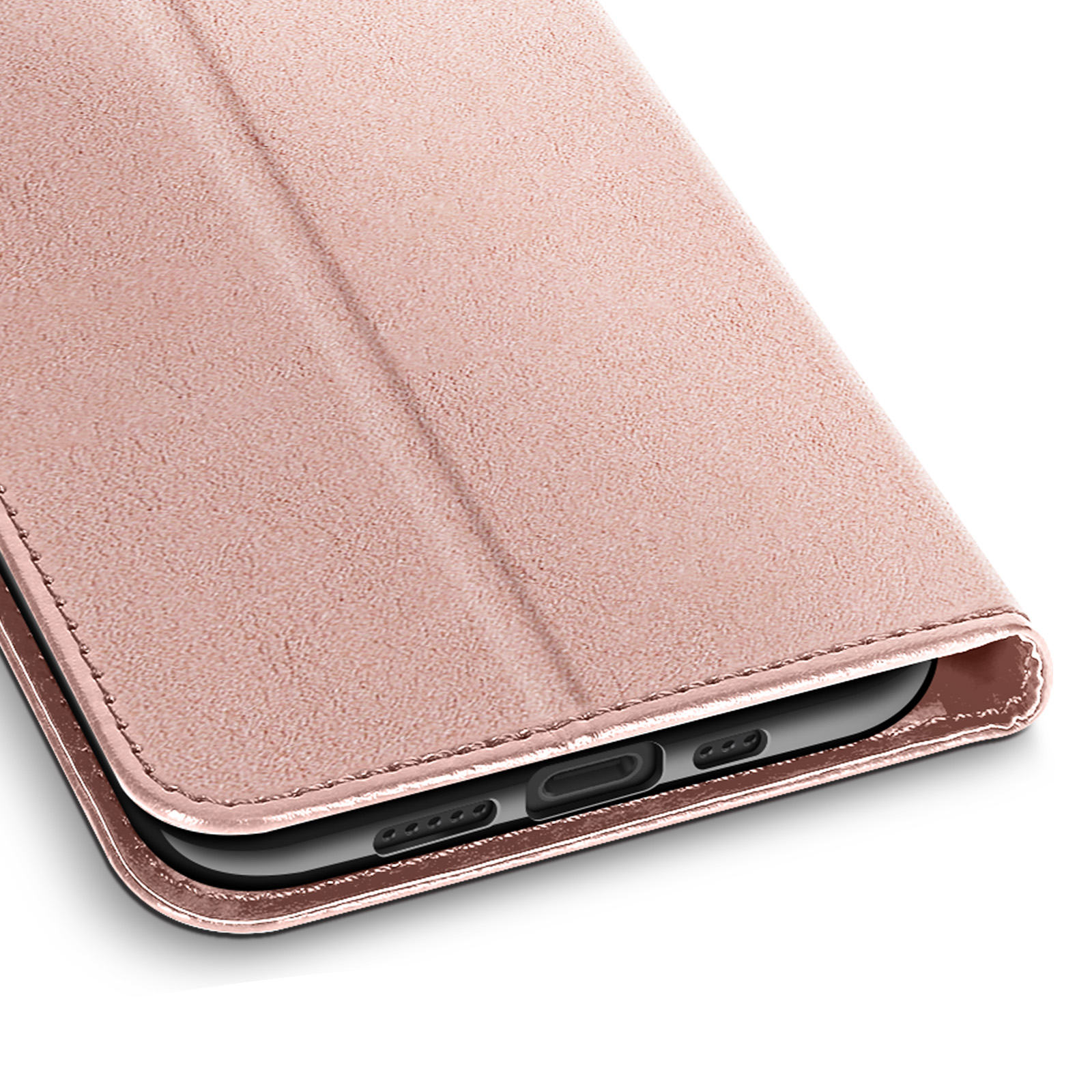 Una custodia per telefono oro rosa, parzialmente aperta, rivela il bordo inferiore del telefono. La custodia ha una superficie strutturata.