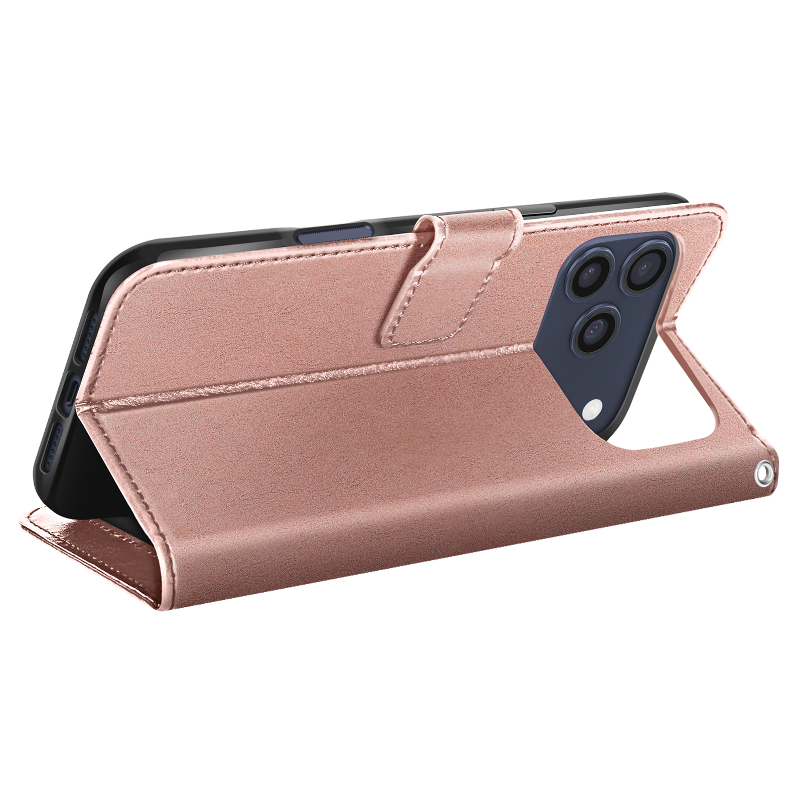 Una custodia per telefono oro rosa con un telefono all'interno è mostrata aperta. Il telefono ha tre obiettivi.