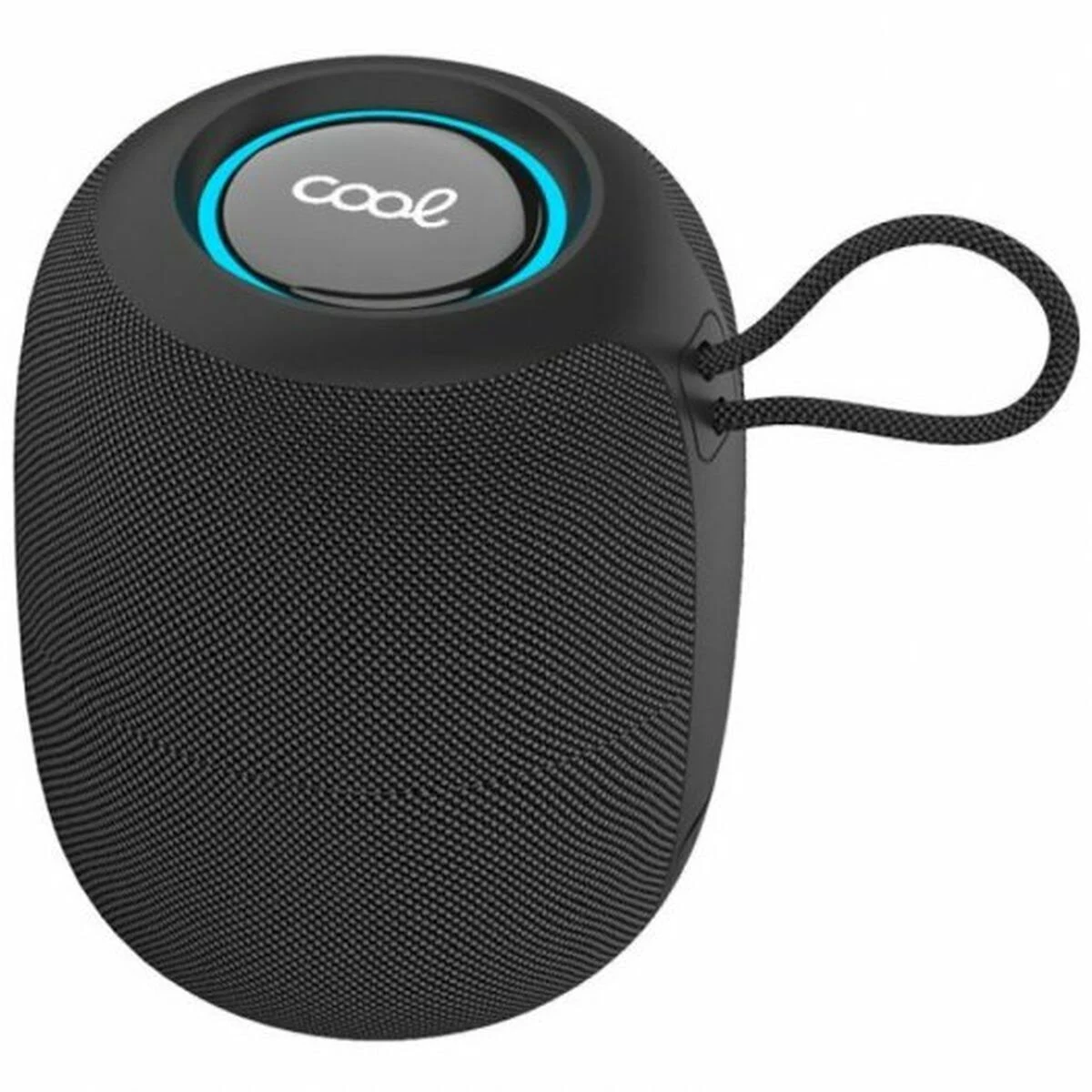 Un altoparlante nero, ovale con una trama simile a un tessuto. Ha una maniglia e una parte superiore con la parola 'cool' e luce blu.