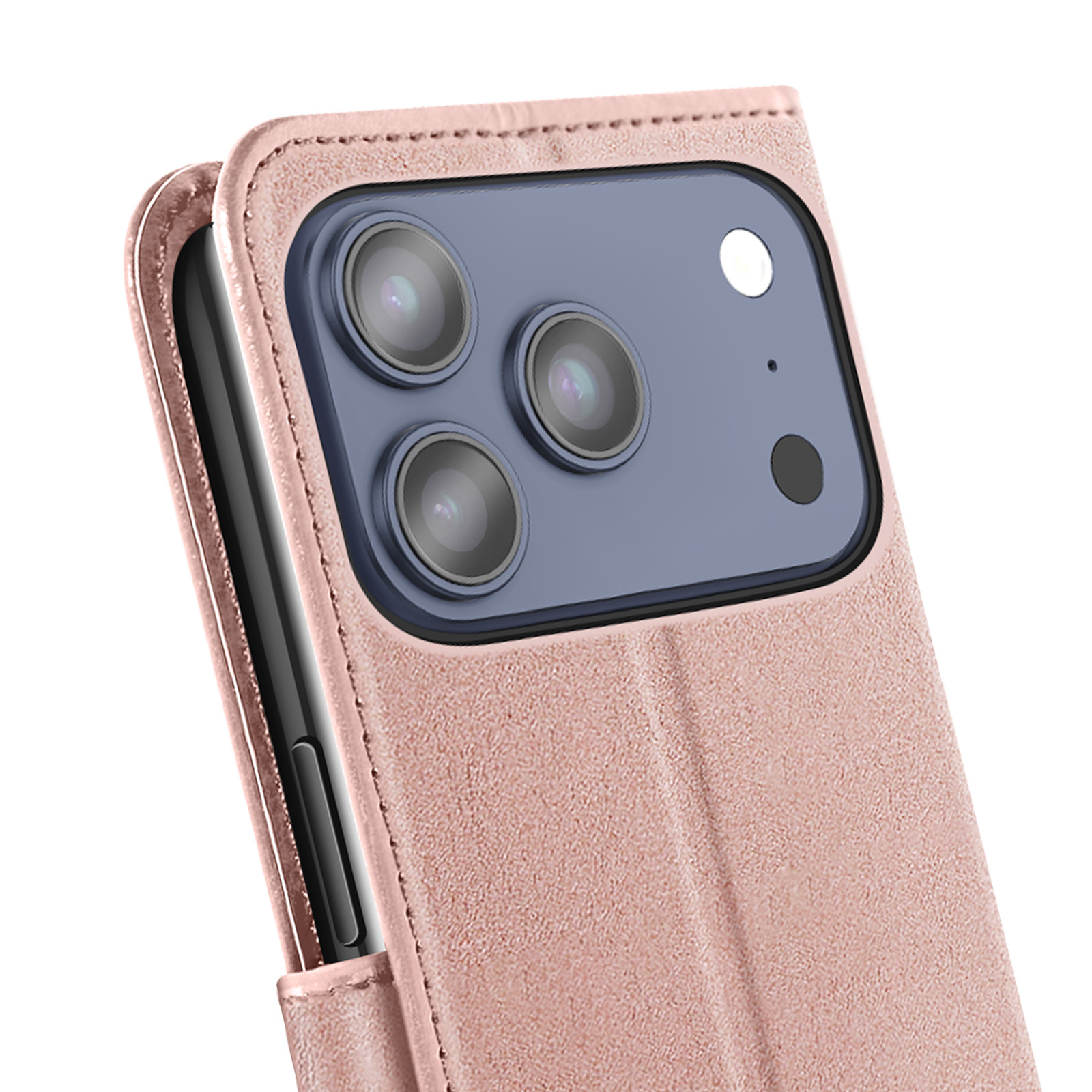 Primo piano di una custodia rosa per telefono con tre obiettivi e un flash. La custodia è aperta, rivelando il lato del telefono.