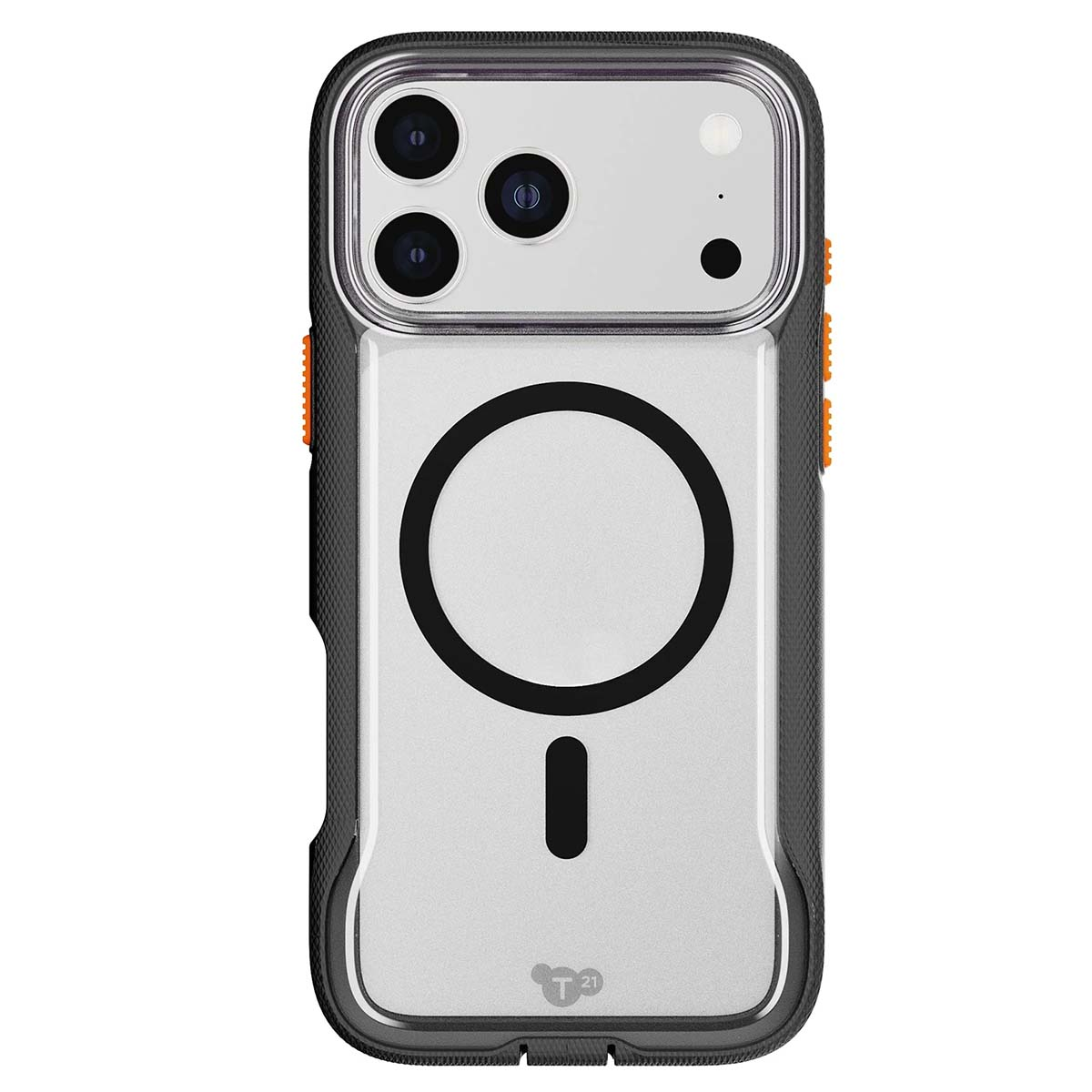 Custodia trasparente per iPhone con dettagli neri e arancioni. Contiene un simbolo di ricarica circolare. Tre obiettivi della fotocamera sono visibili in alto.