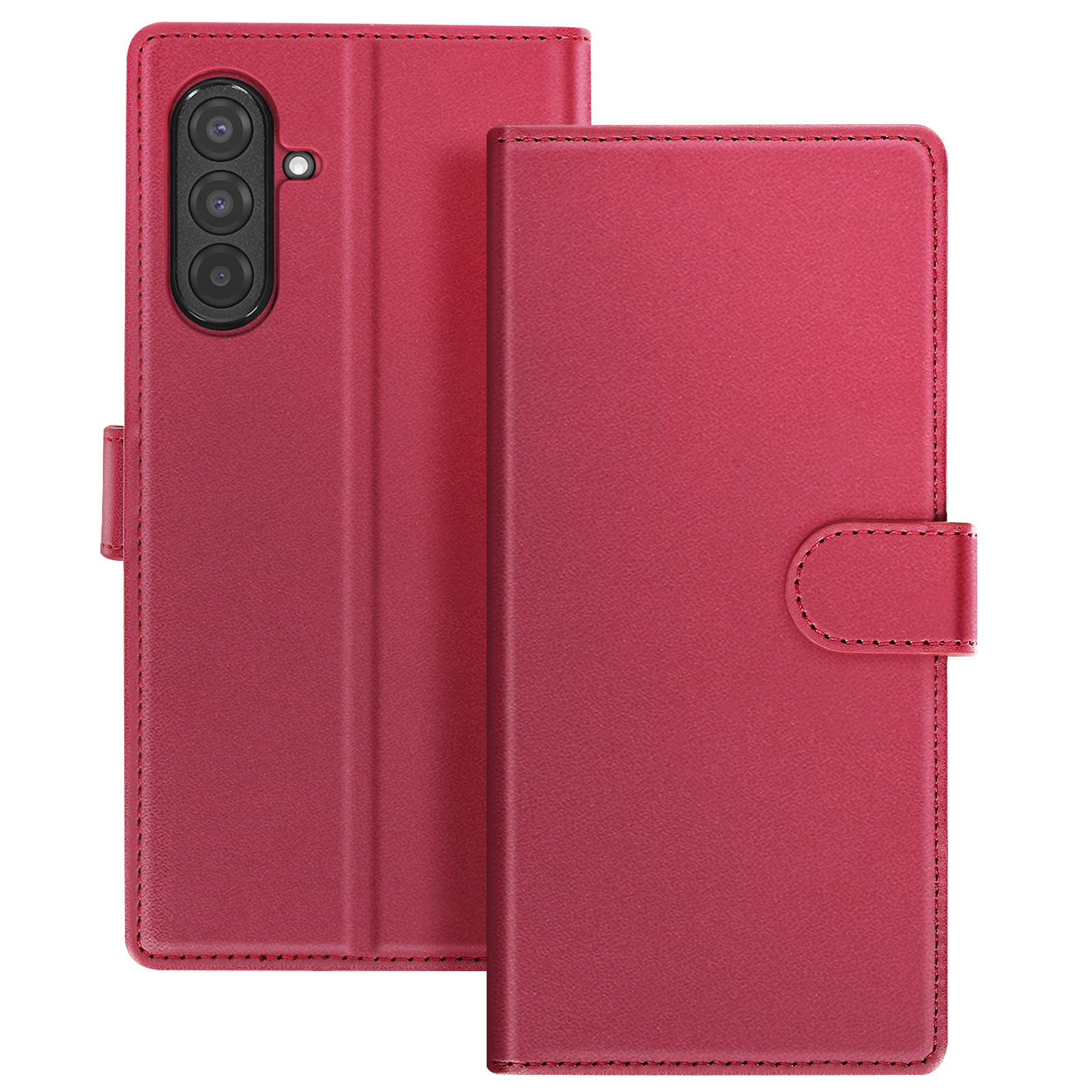 Un étui de téléphone rouge avec une découpe pour l'appareil photo, ouvert pour révéler l'intérieur. Il a un fermoir magnétique.