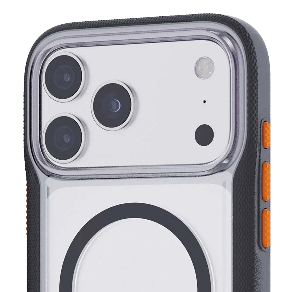Primo piano di una custodia per telefono. Sono visibili lenti della fotocamera, flash e una custodia protettiva nera e arancione.