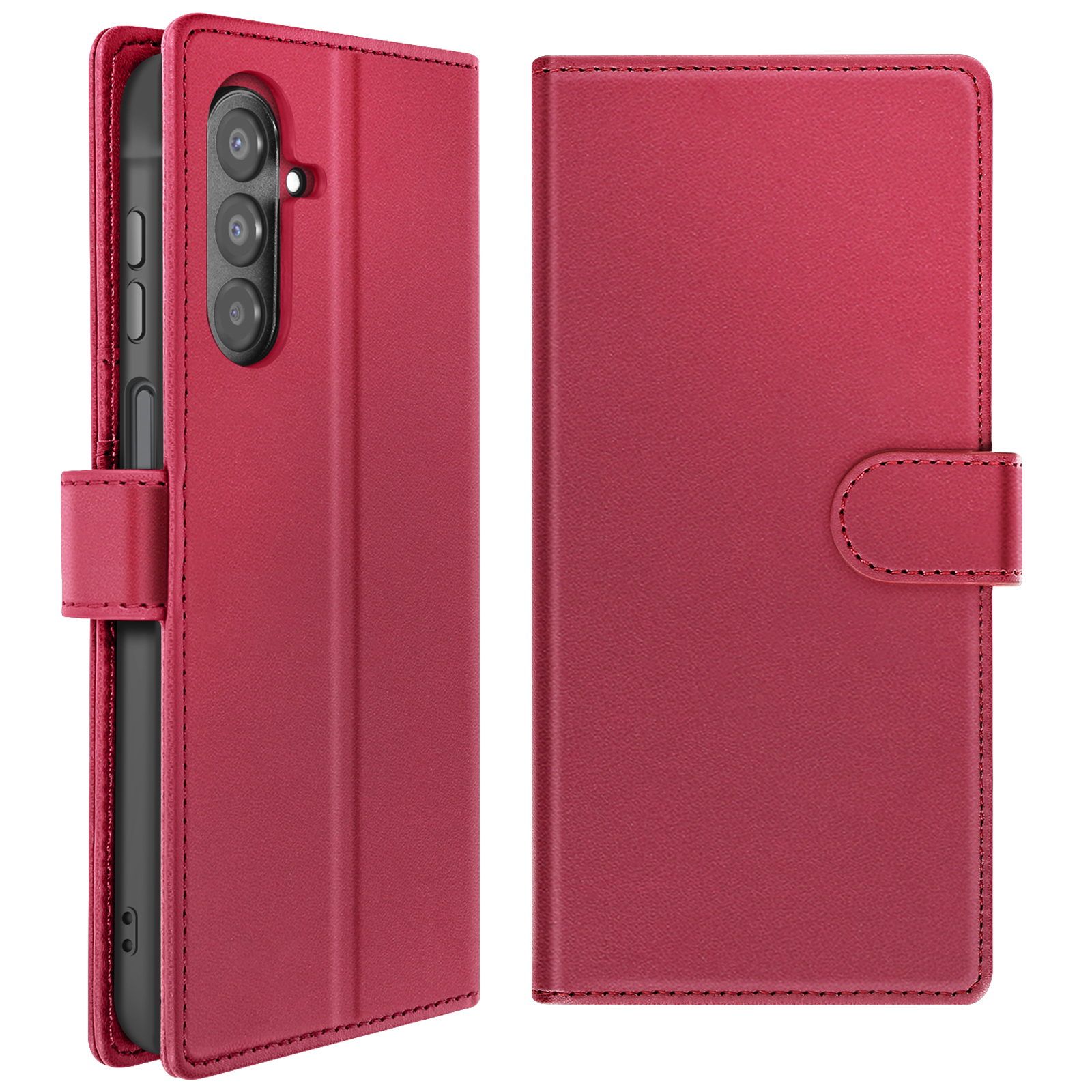 Un étui de téléphone rouge avec un téléphone à l'intérieur est montré à gauche. Le couvercle est ouvert. Le côté droit montre le couvercle fermé.