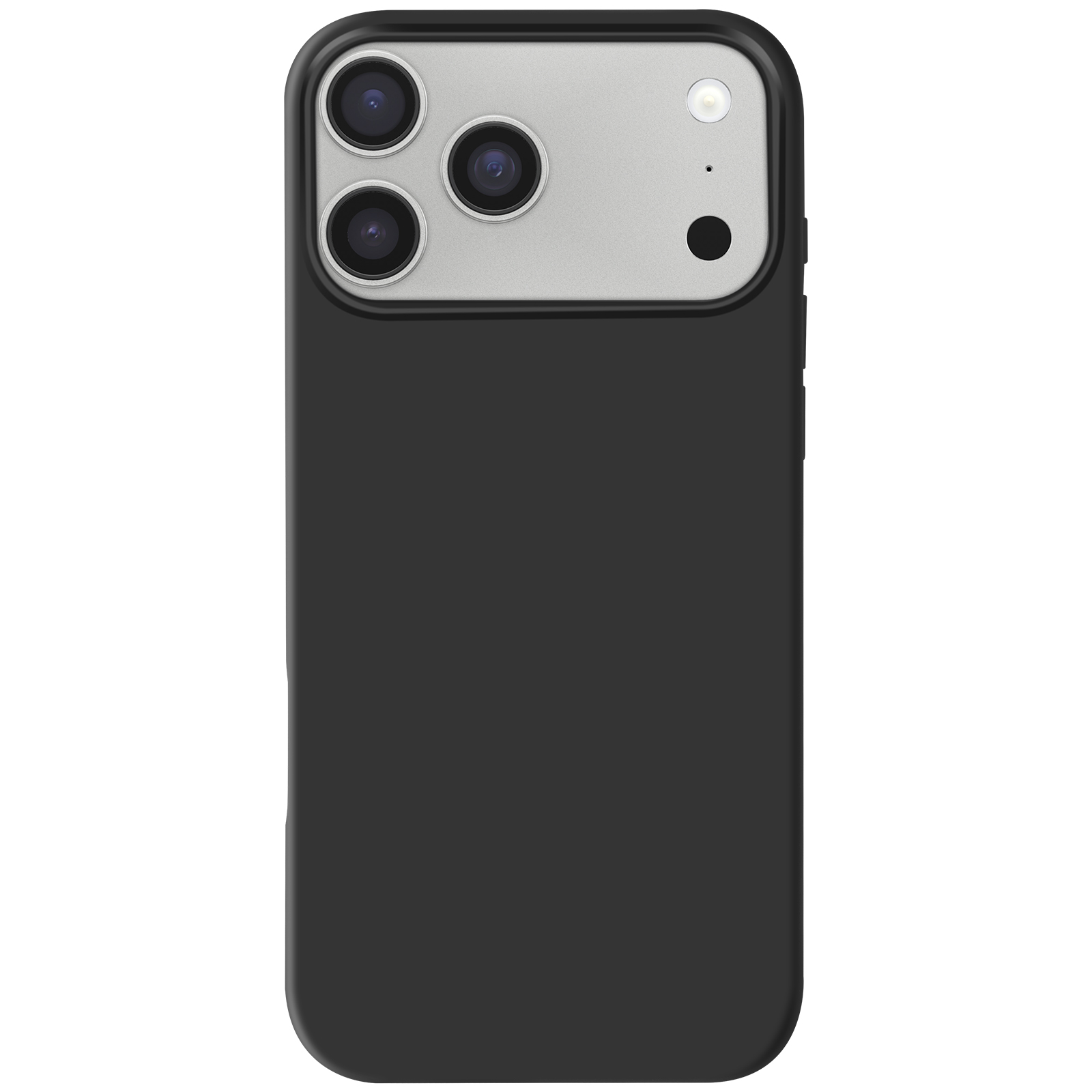 Custodia nera per telefono con alloggiamento fotocamera argentato. Tre lenti, un flash e un punto nero sono visibili.