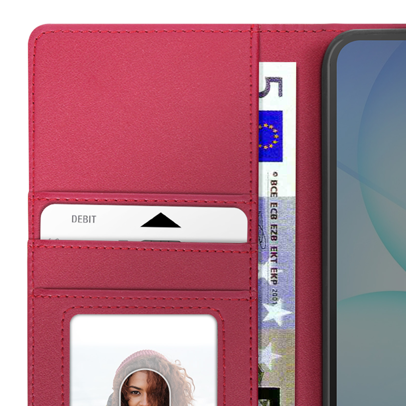 Portefeuille rouge avec téléphone, carte de débit, billet de 5 euros et photo. Le portefeuille est ouvert.