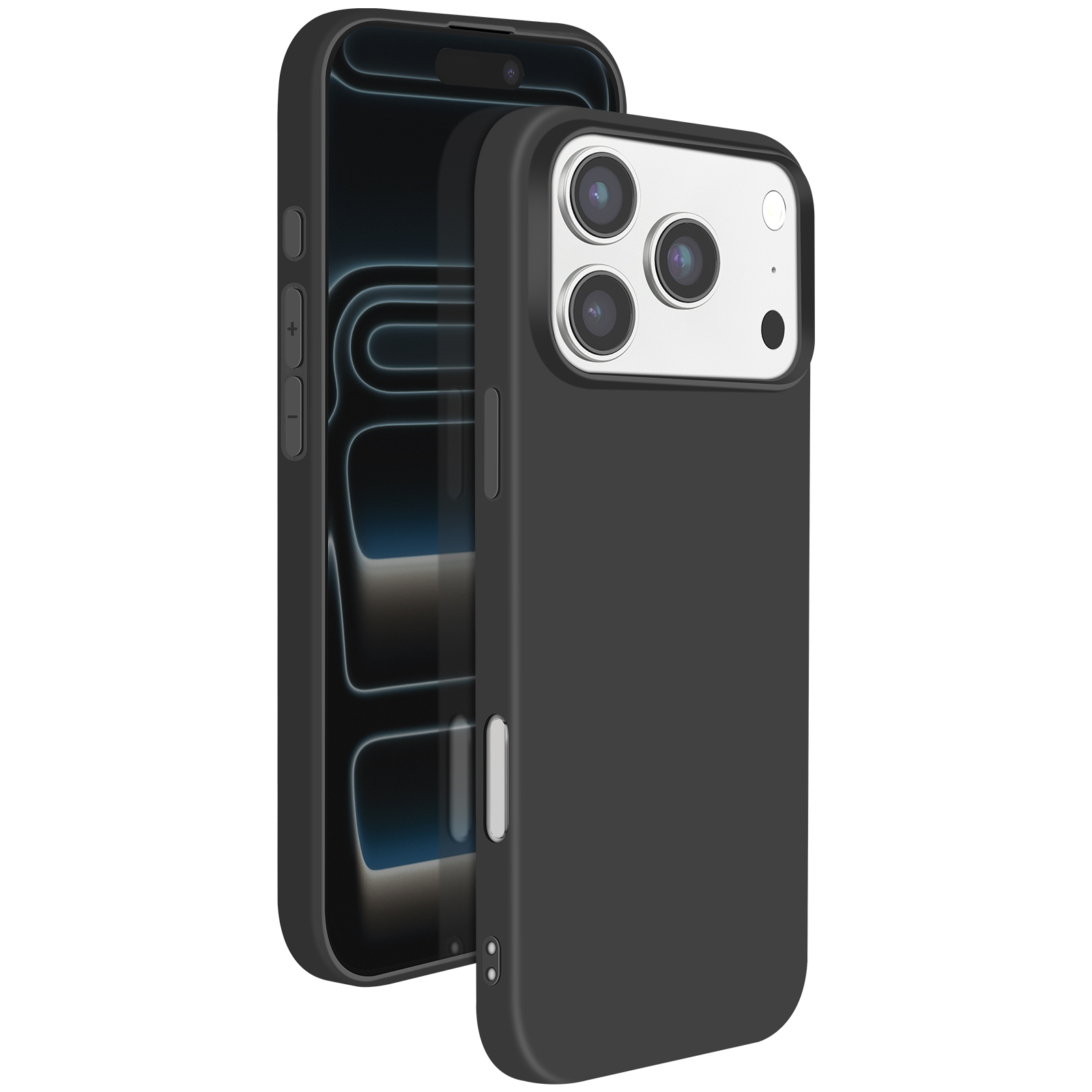 Telefono nero con custodia. Il telefono ha tre fotocamere. Anche la custodia è nera.