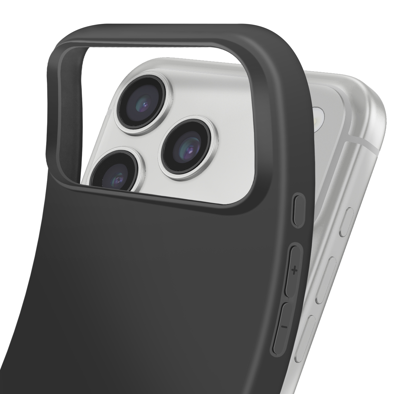Custodia nera per telefono su un telefono argentato. Sono visibili tre lenti della fotocamera. I pulsanti del volume sono sul lato.