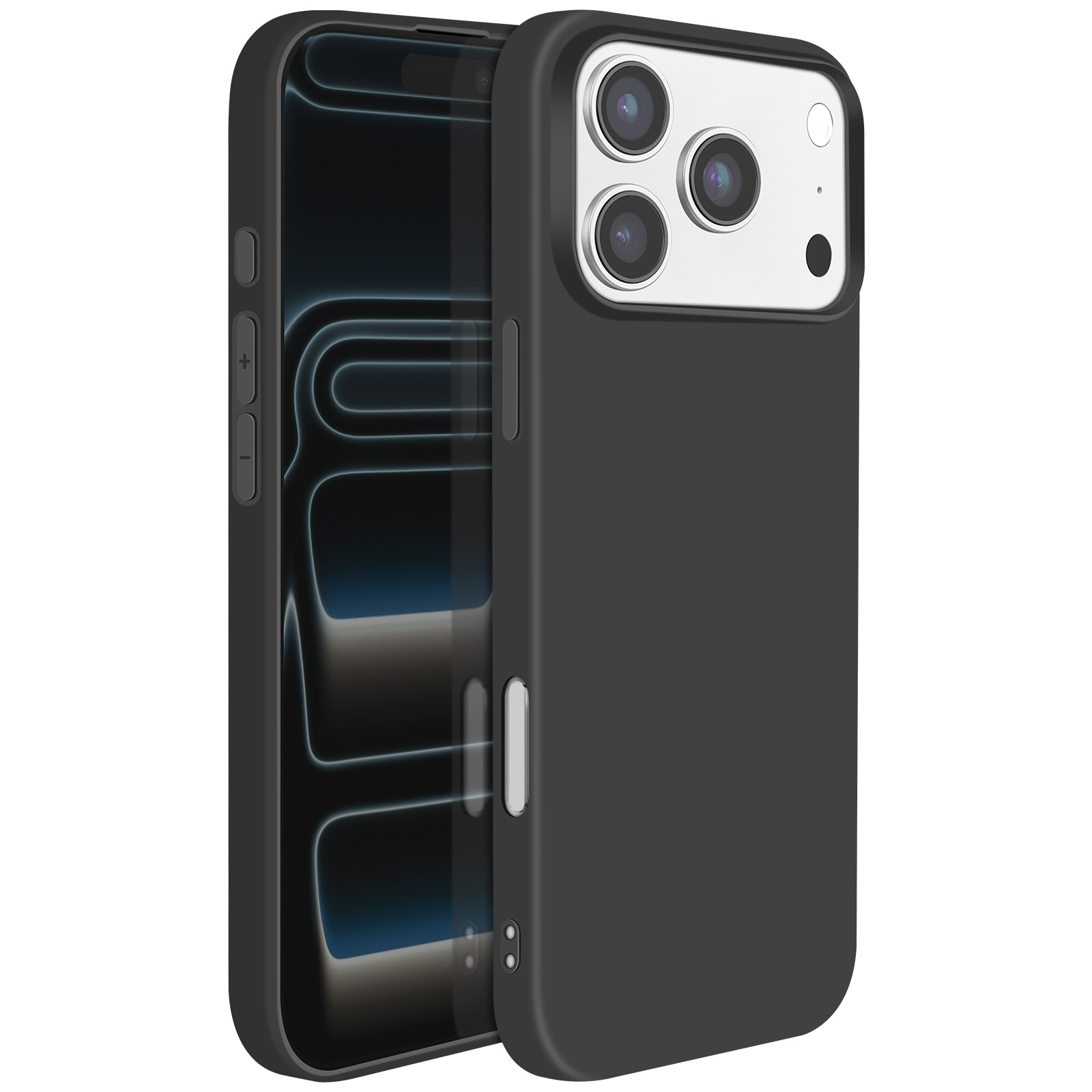 Una custodia nera protegge un telefono. Il telefono ha uno schermo con linee blu e diversi obiettivi.