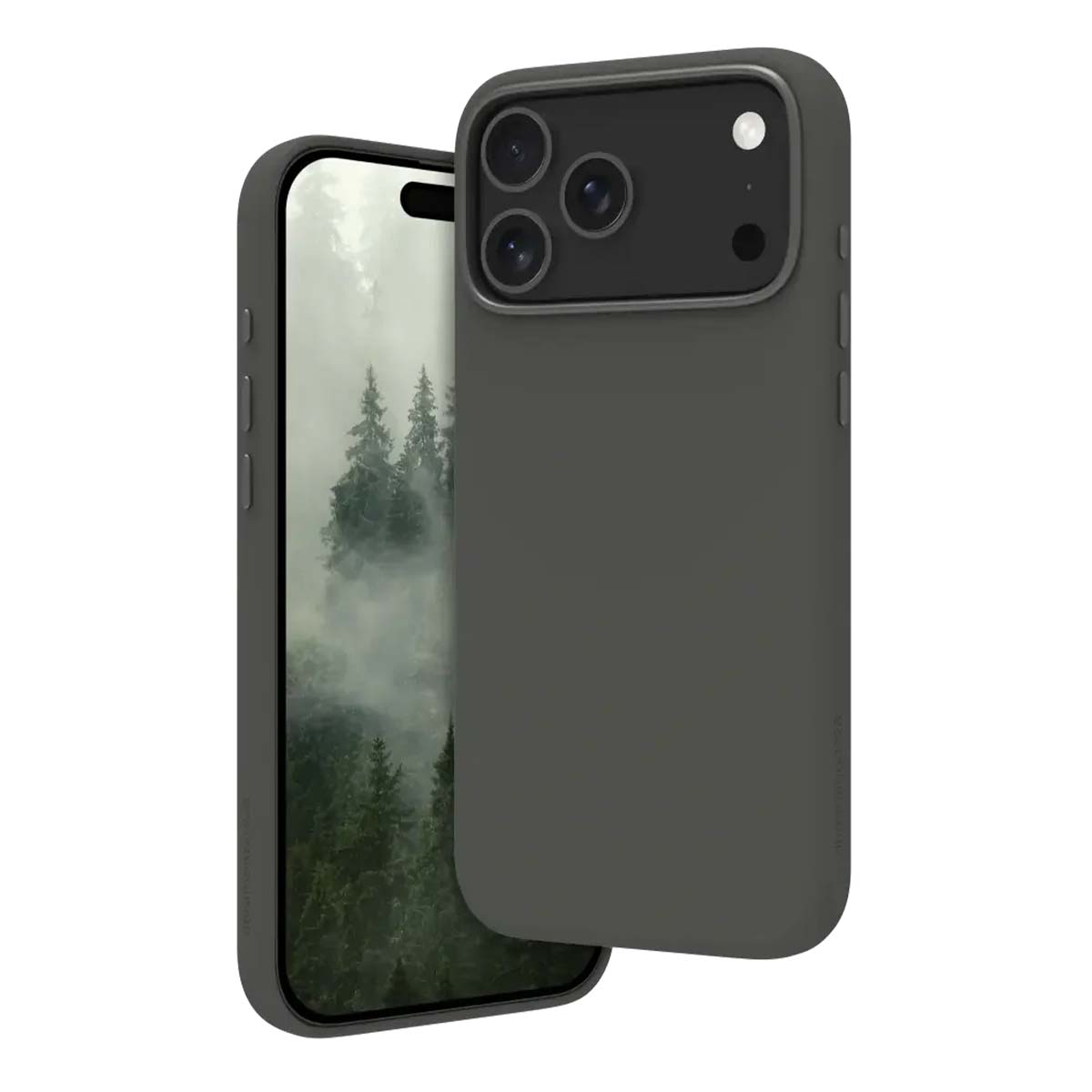 Una custodia grigio scuro copre parzialmente un telefono. Il telefono mostra una scena di foresta nebbiosa. La custodia ha ritagli per la fotocamera.